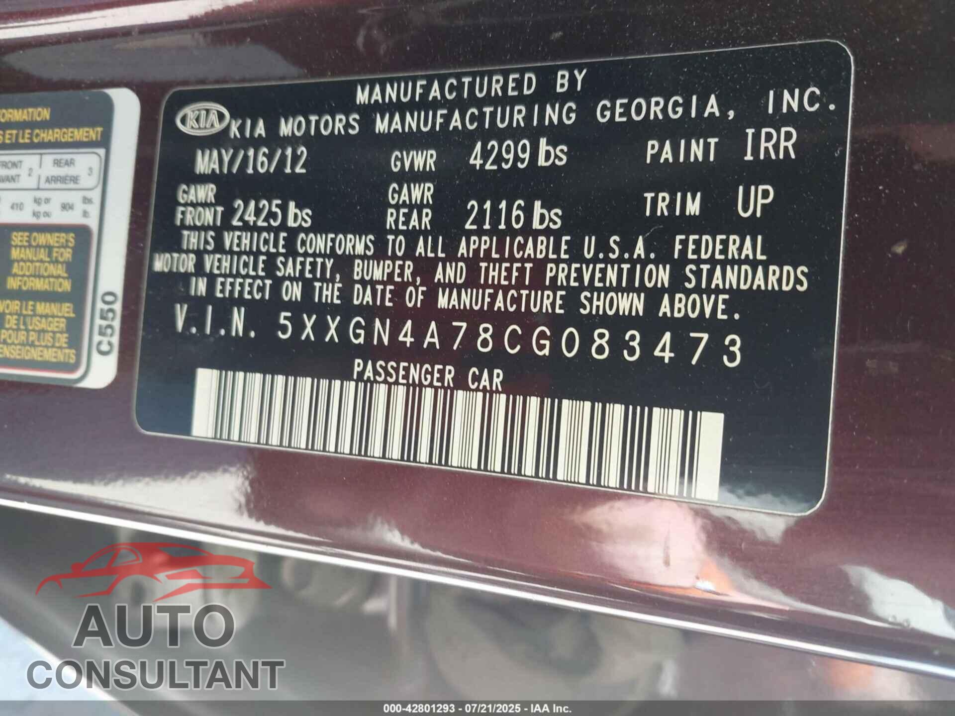 KIA OPTIMA 2012 - 5XXGN4A78CG083473