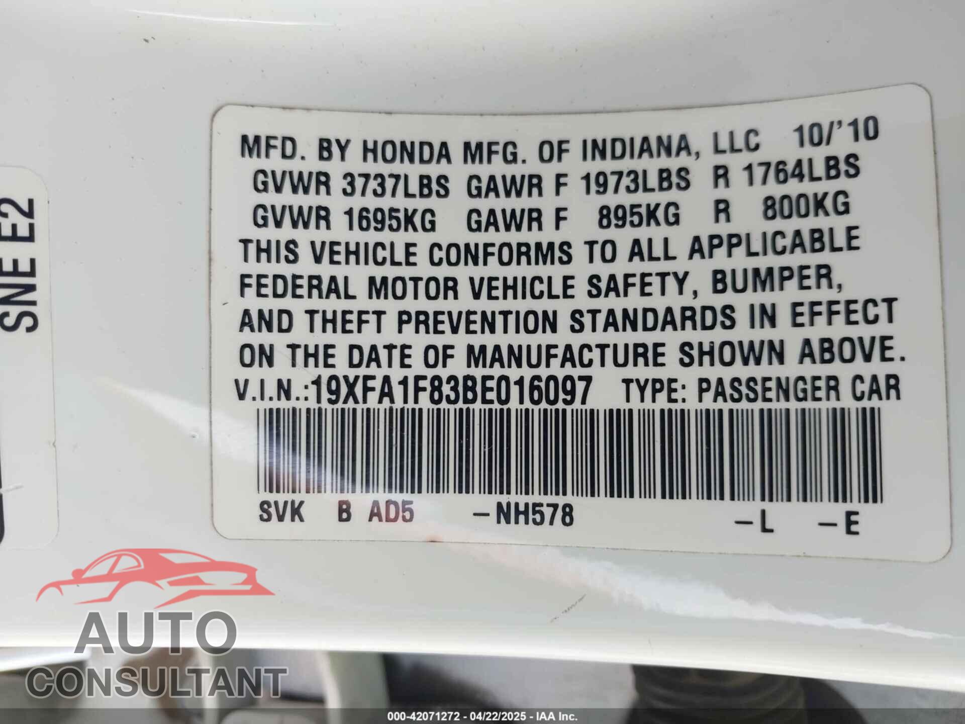 HONDA CIVIC 2011 - 19XFA1F83BE016097