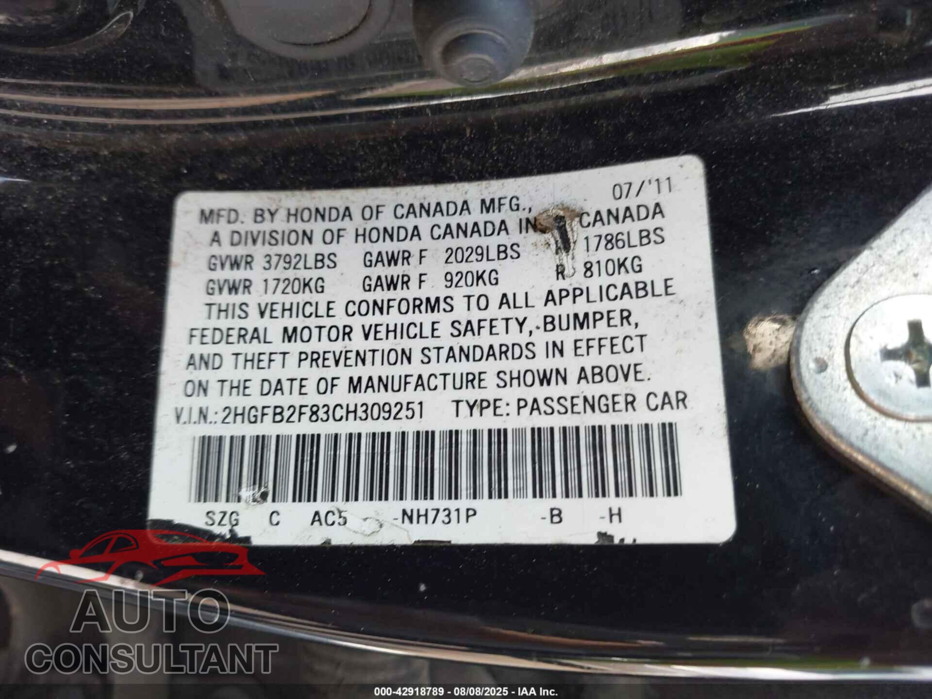 HONDA CIVIC 2012 - 2HGFB2F83CH309251