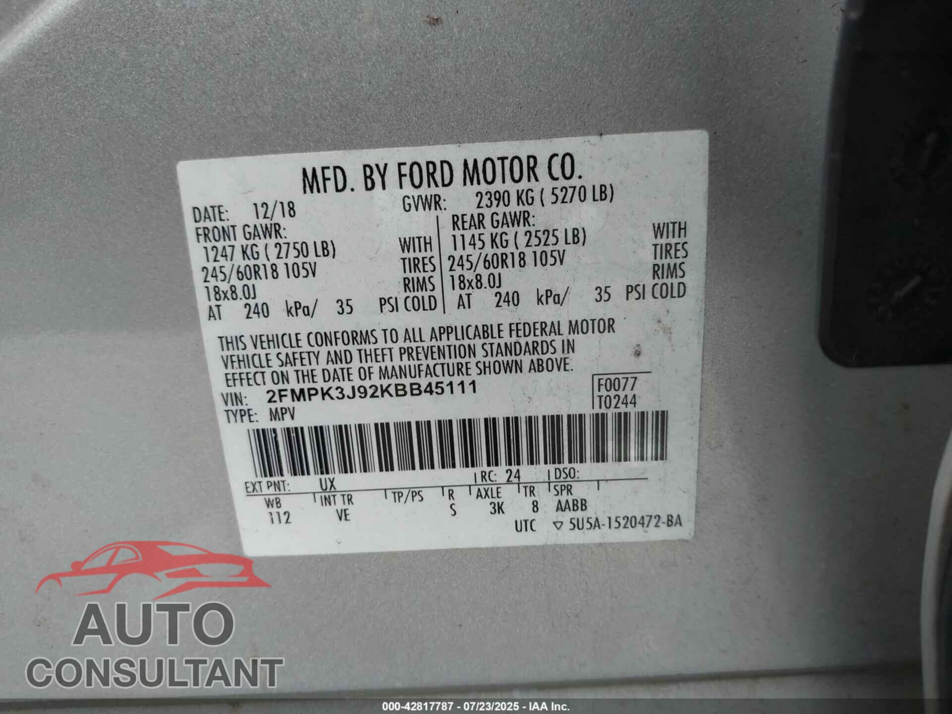 FORD EDGE 2019 - 2FMPK3J92KBB45111