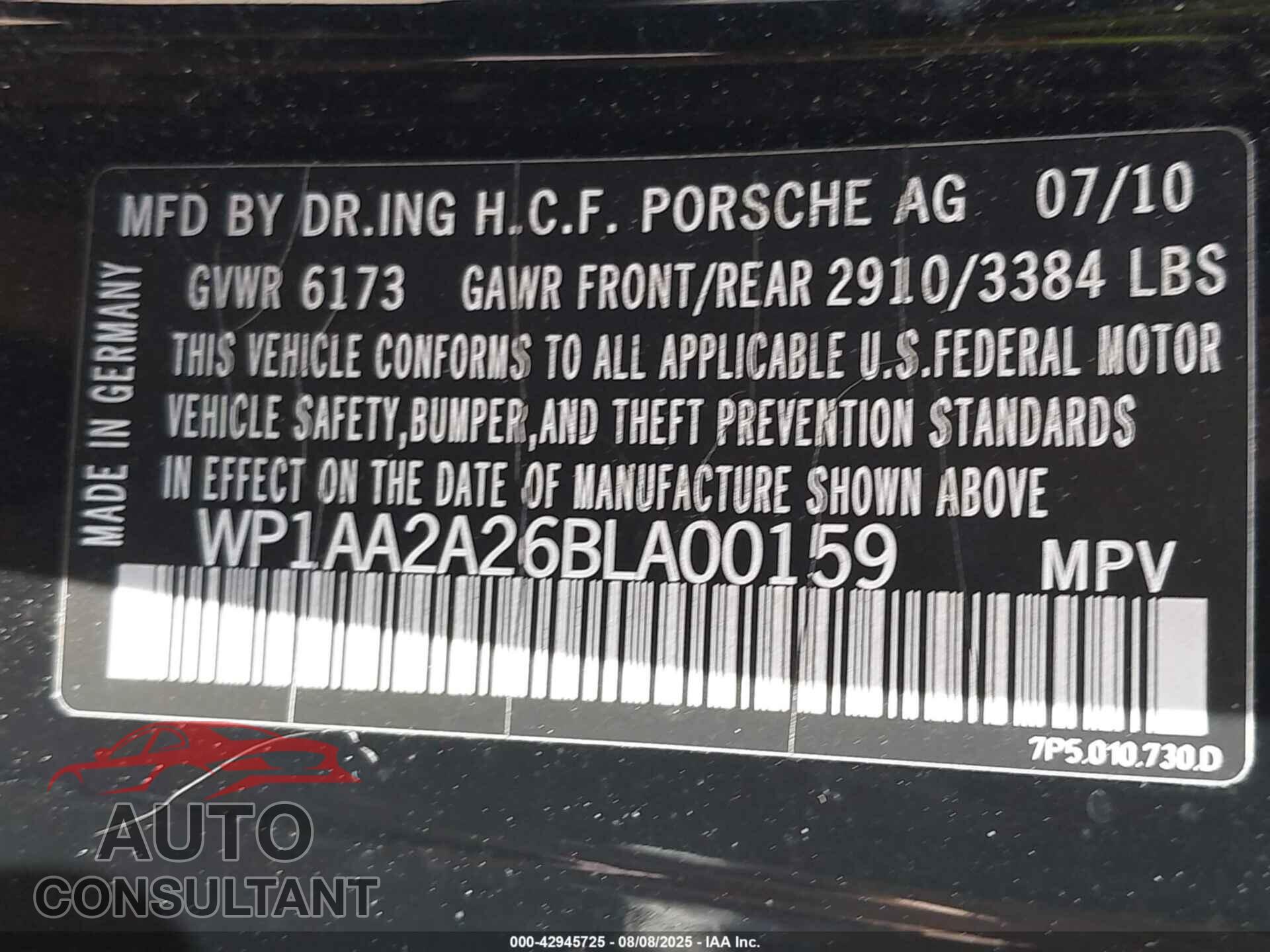 PORSCHE CAYENNE 2011 - WP1AA2A26BLA00159