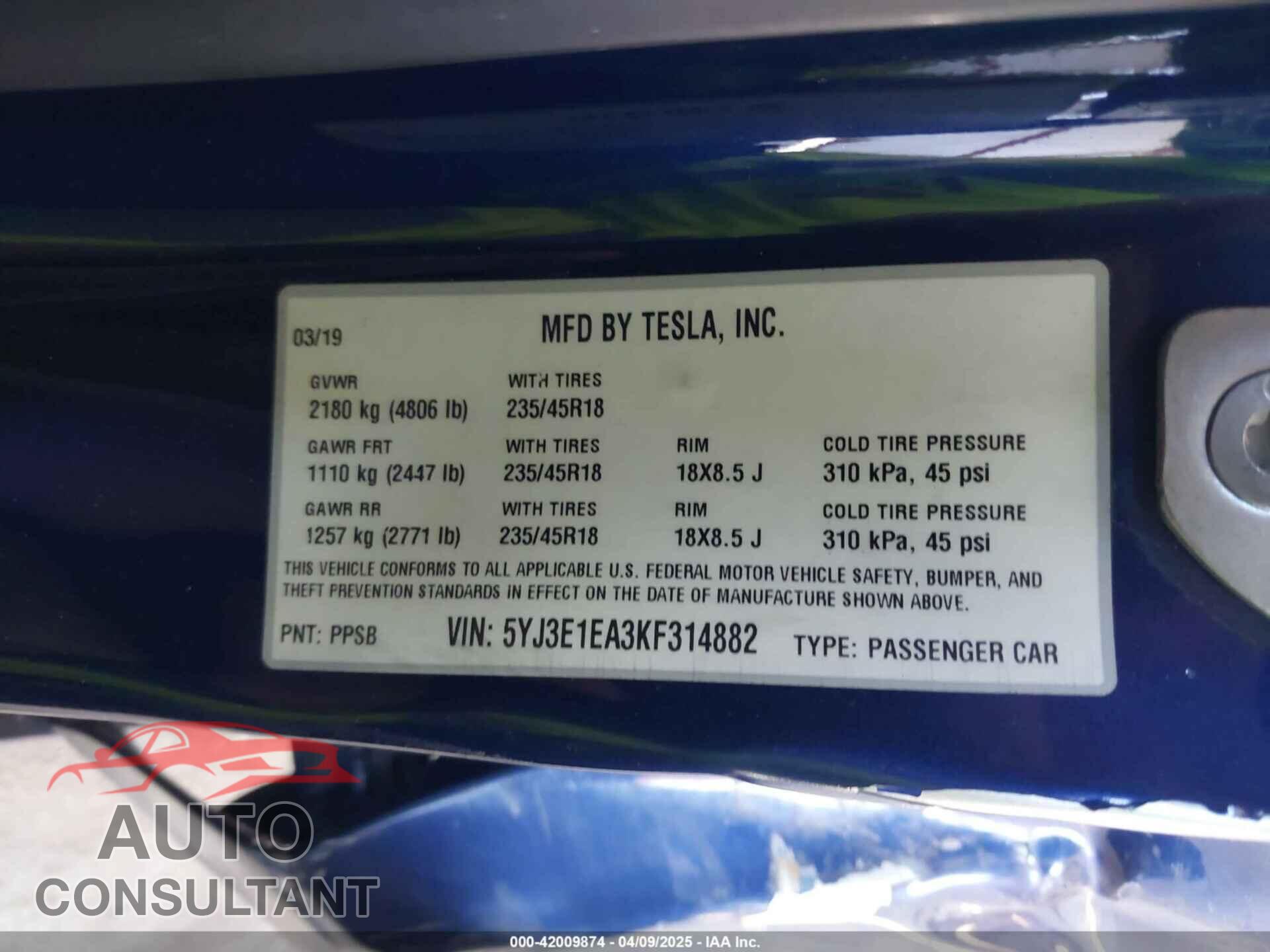 TESLA MODEL 3 2019 - 5YJ3E1EA3KF314882