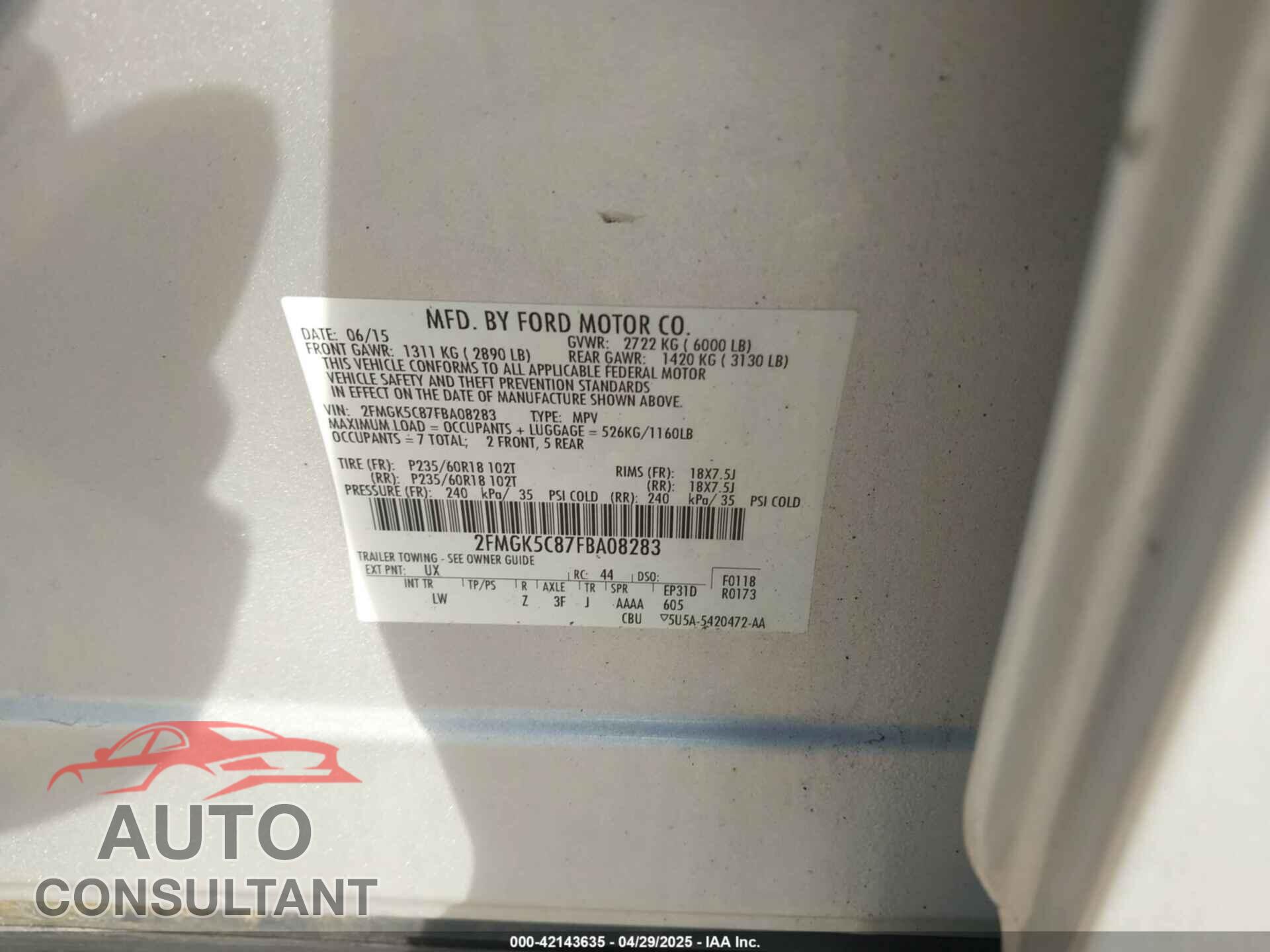 FORD FLEX 2015 - 2FMGK5C87FBA08283