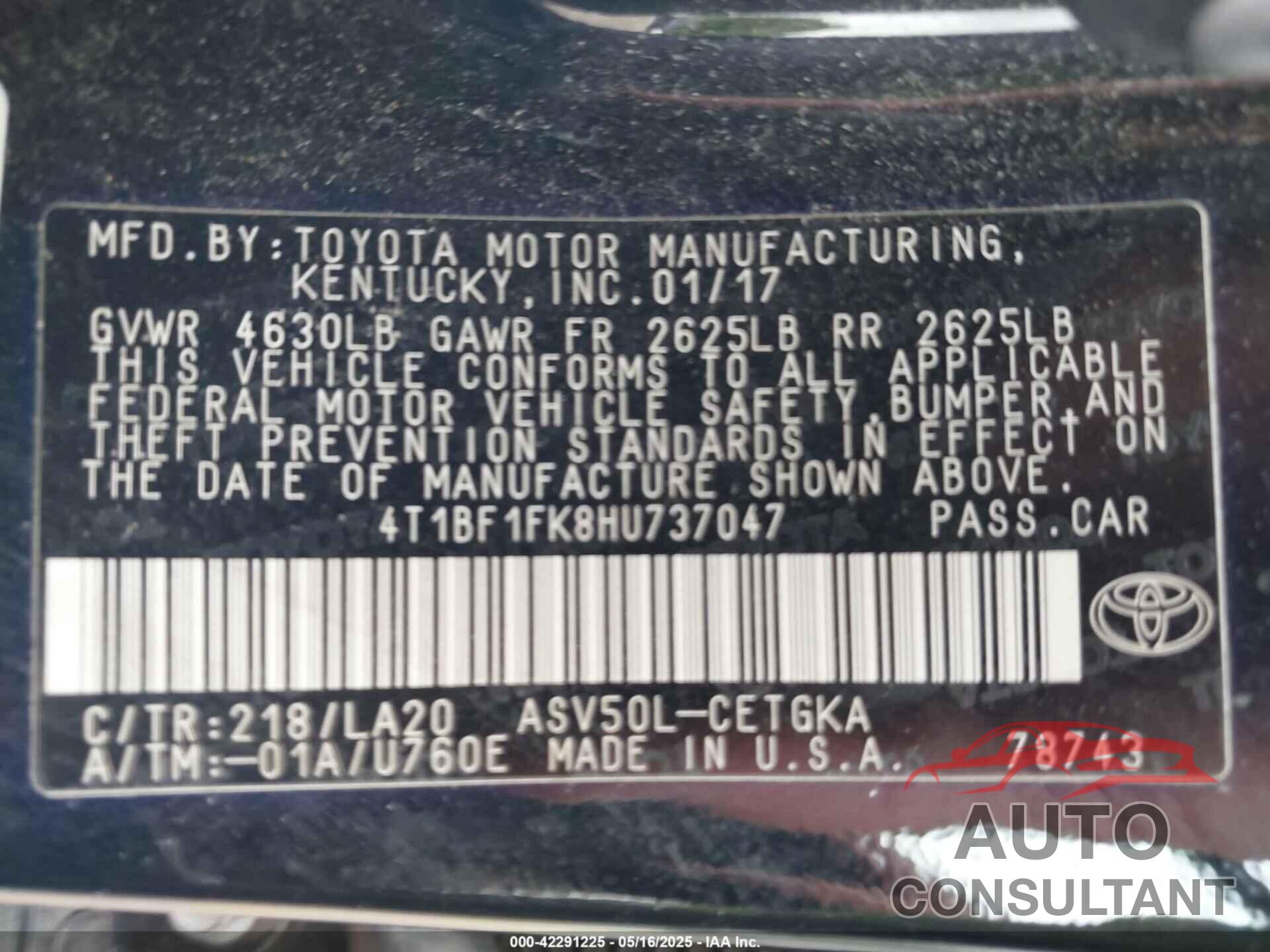 TOYOTA CAMRY 2017 - 4T1BF1FK8HU737047