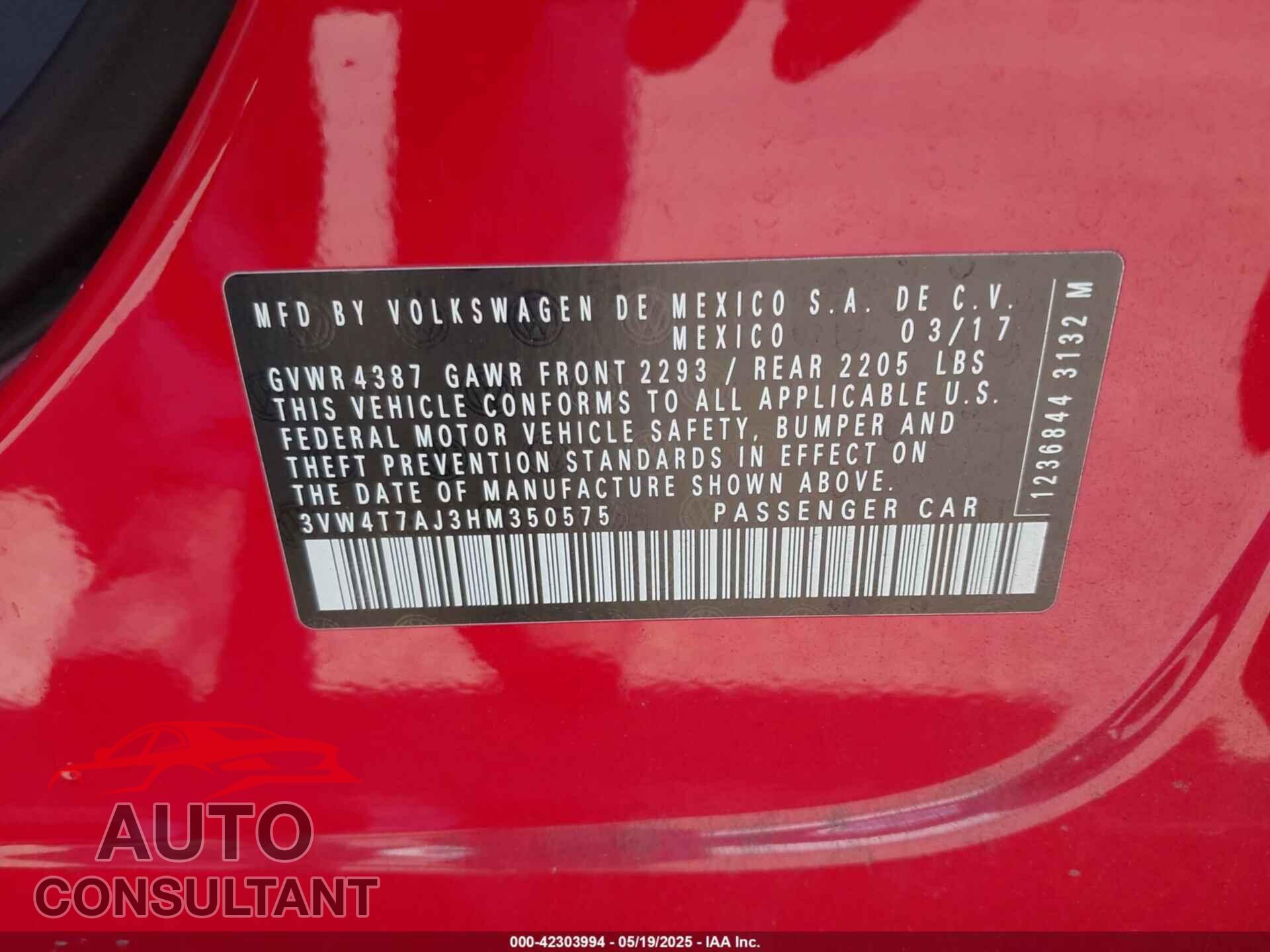 VOLKSWAGEN JETTA 2017 - 3VW4T7AJ3HM350575