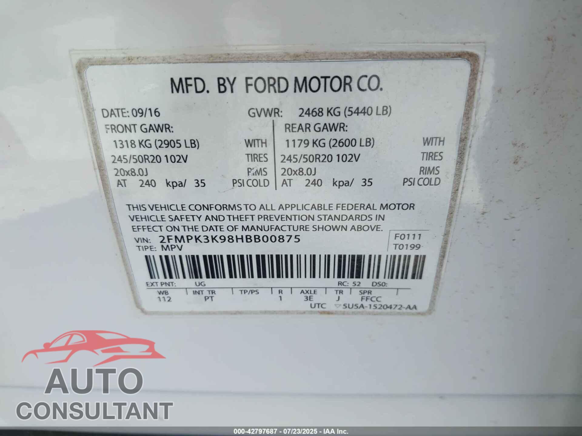 FORD EDGE 2017 - 2FMPK3K98HBB00875