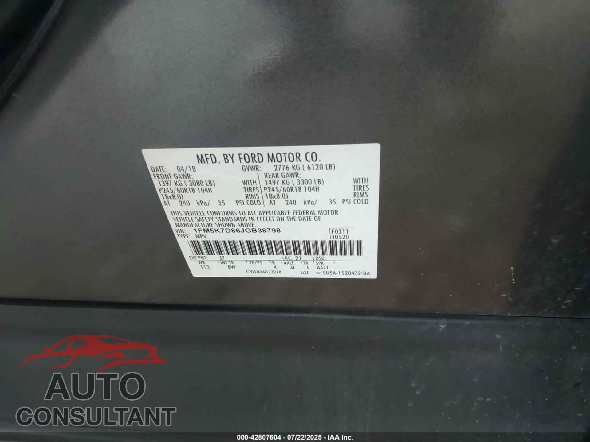 FORD EXPLORER 2018 - 1FM5K7D86JGB38798