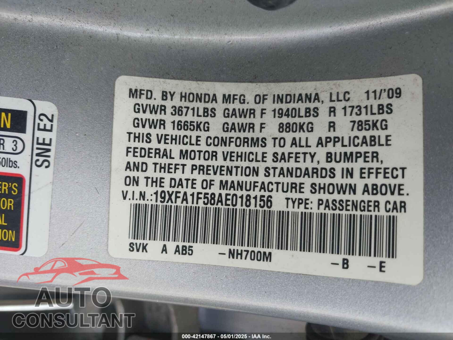 HONDA CIVIC 2010 - 19XFA1F58AE018156