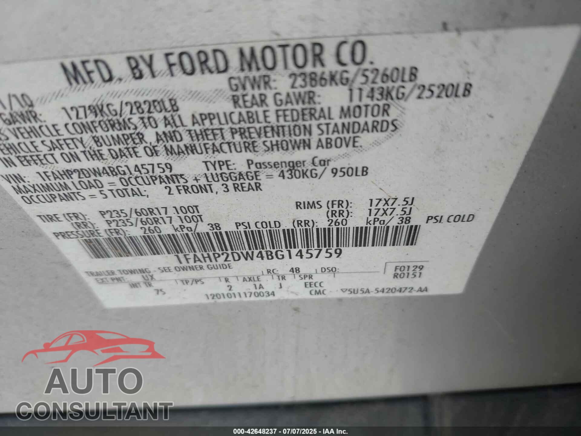 FORD TAURUS 2011 - 1FAHP2DW4BG145759