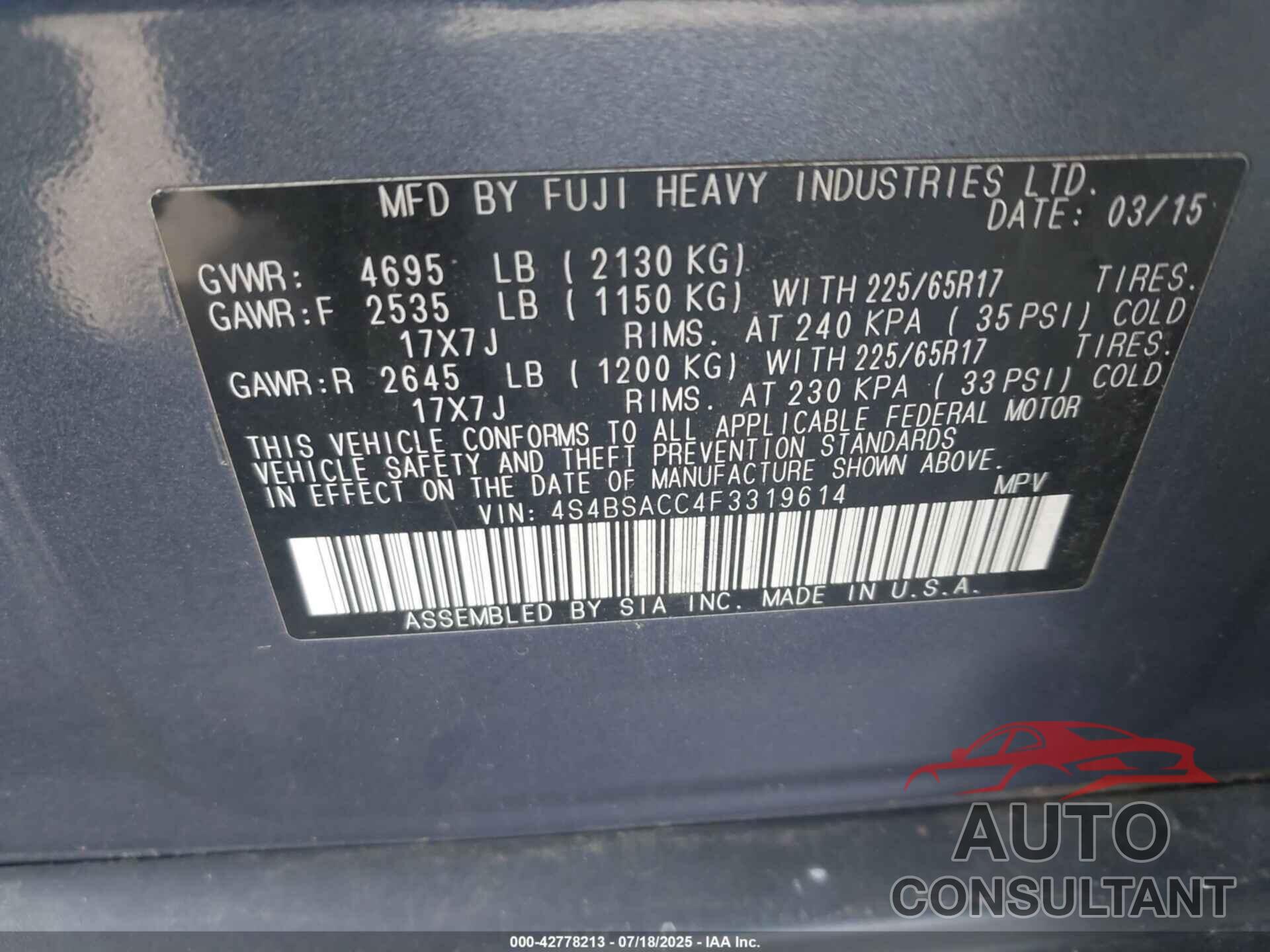 SUBARU OUTBACK 2015 - 4S4BSACC4F3319614