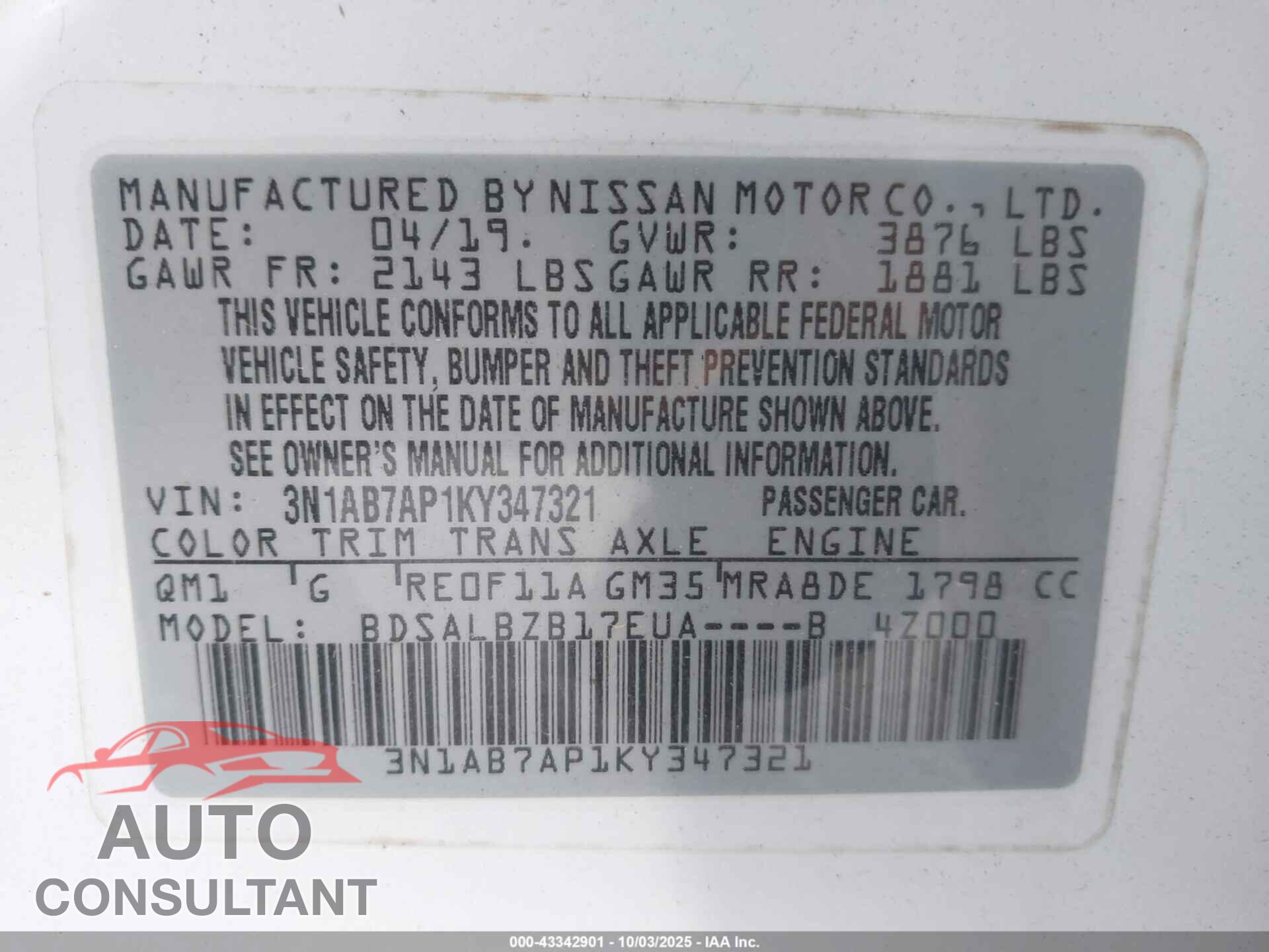NISSAN SENTRA 2019 - 3N1AB7AP1KY347321
