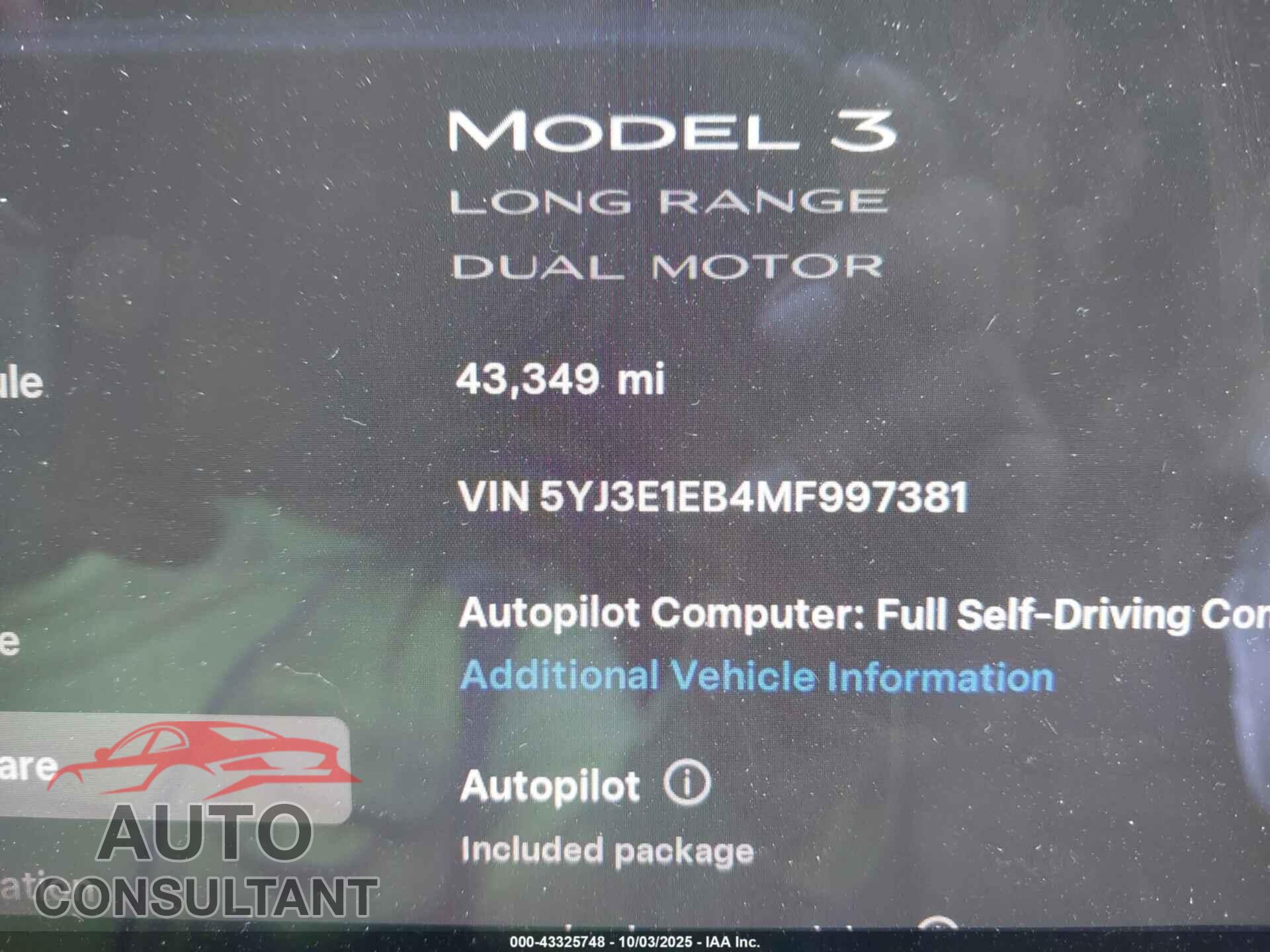 TESLA MODEL 3 2021 - 5YJ3E1EB4MF997381