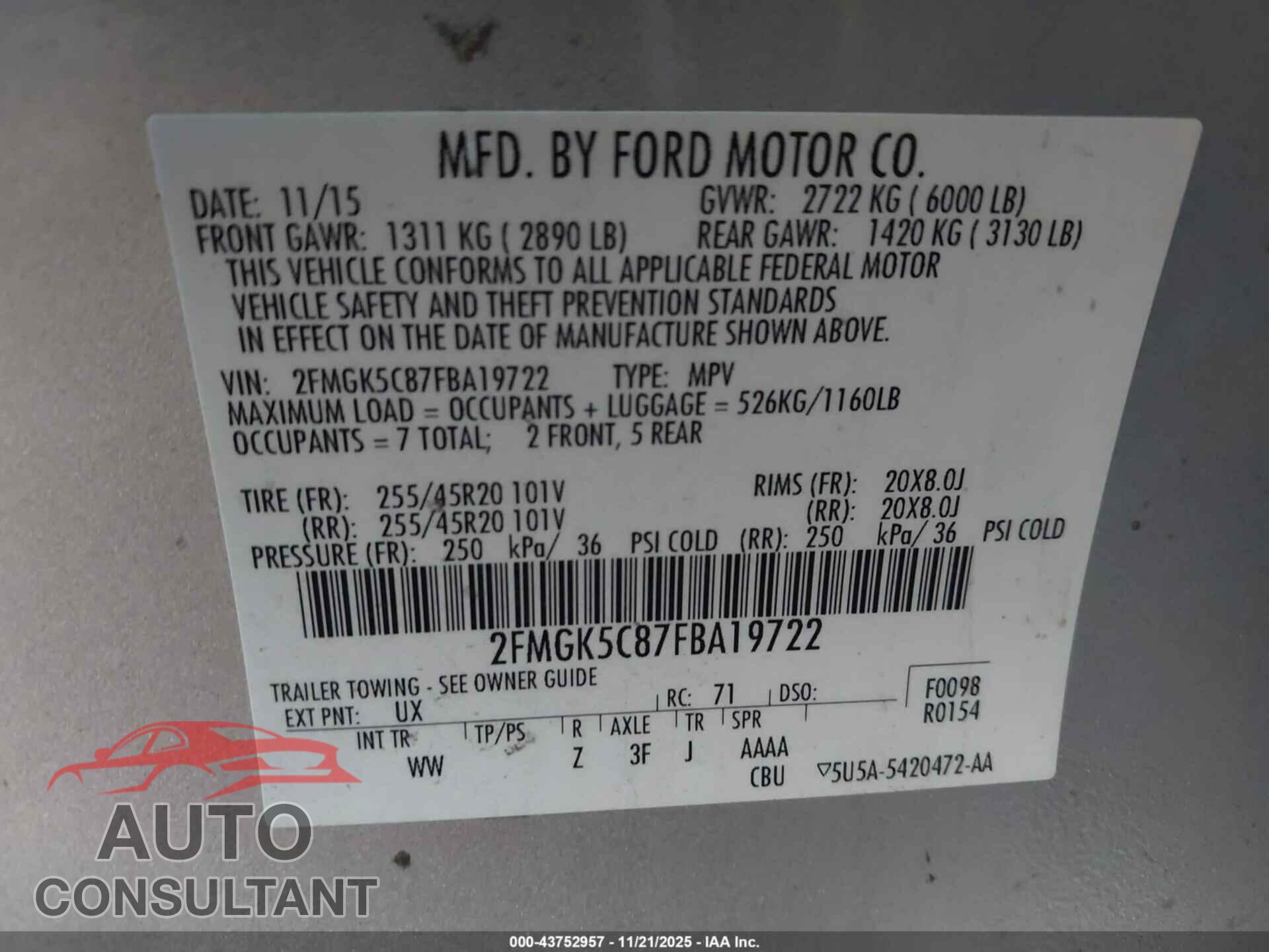 FORD FLEX 2015 - 2FMGK5C87FBA19722