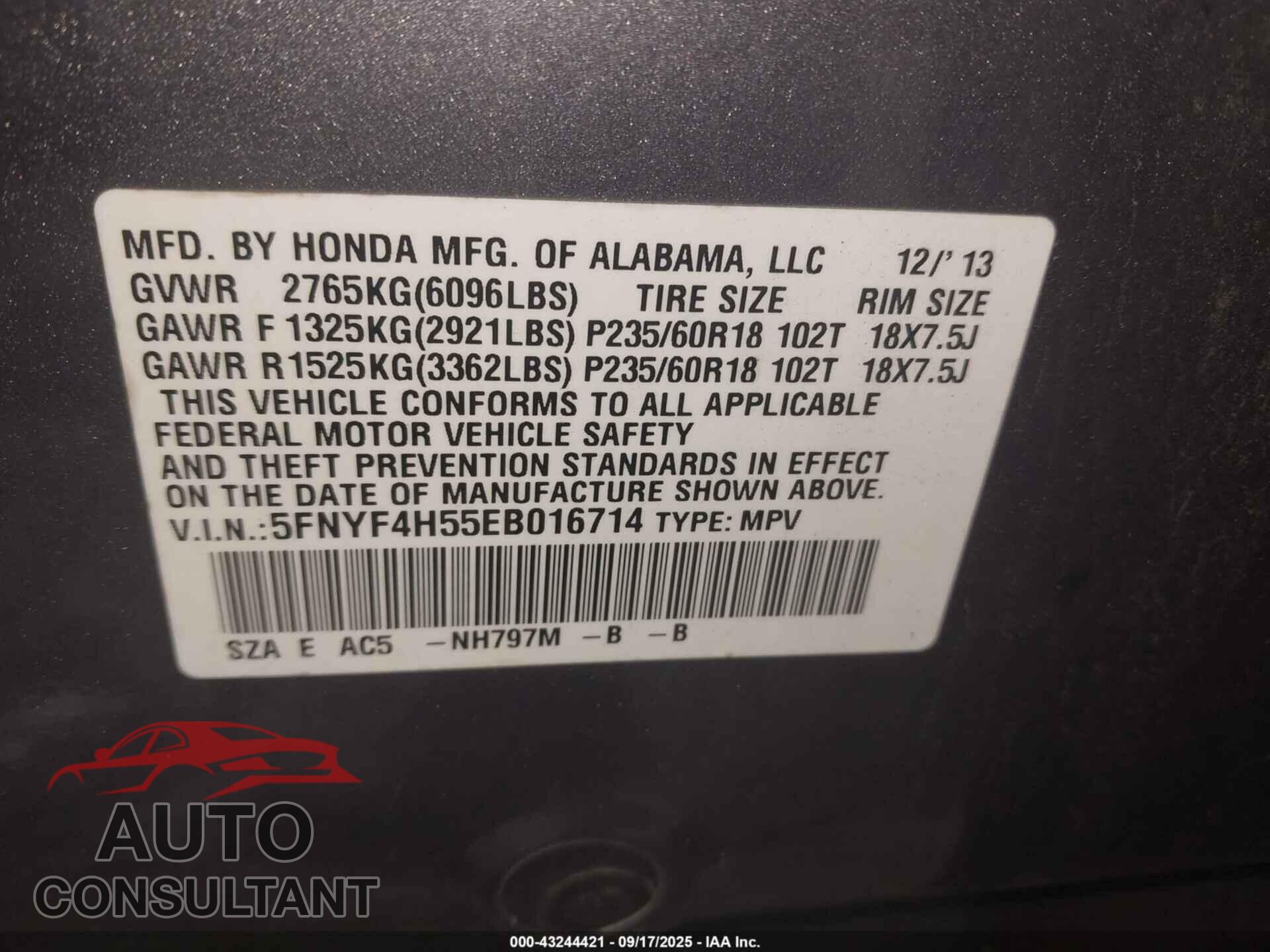 HONDA PILOT 2014 - 5FNYF4H55EB016714