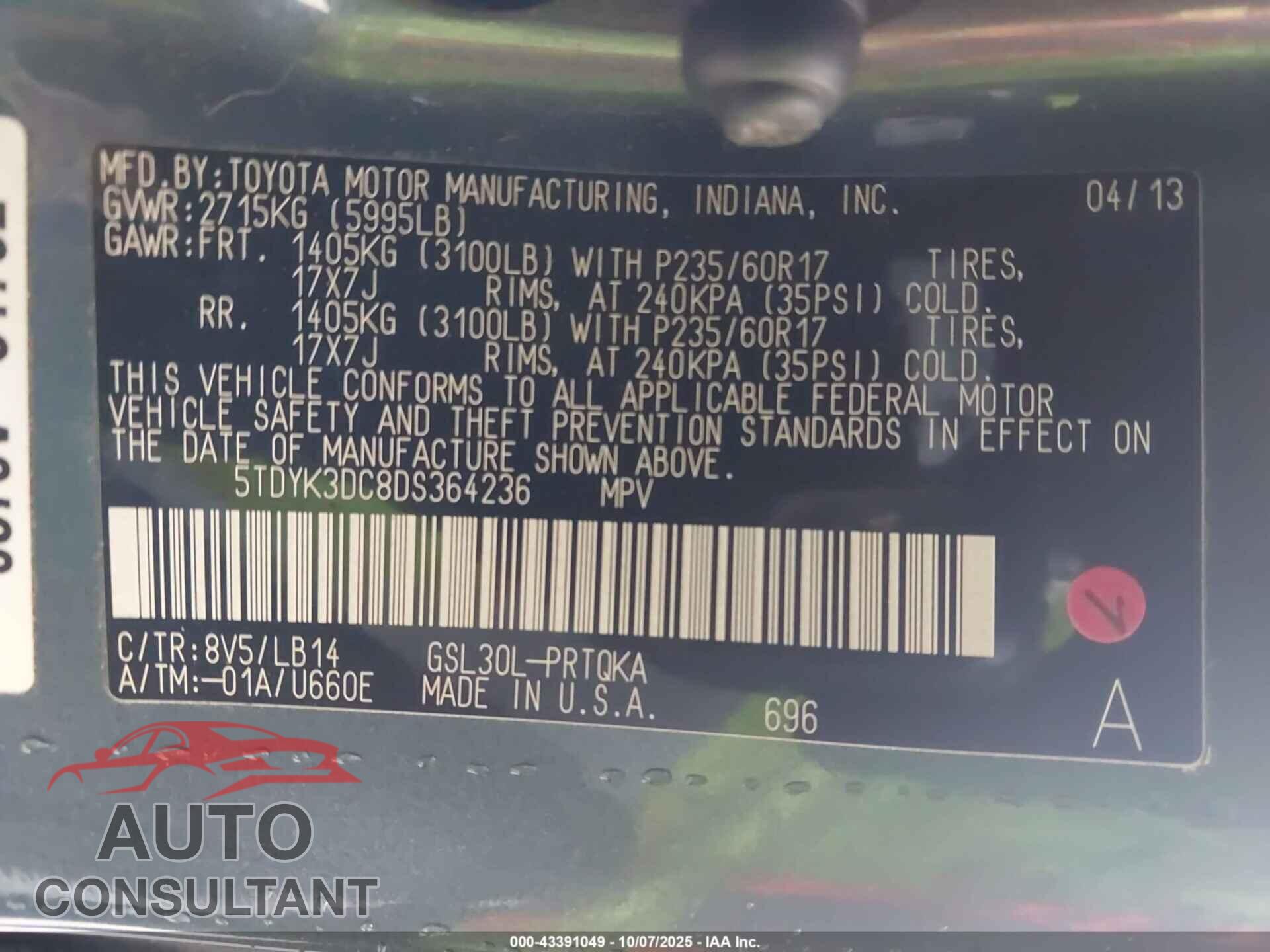 TOYOTA SIENNA 2013 - 5TDYK3DC8DS364236