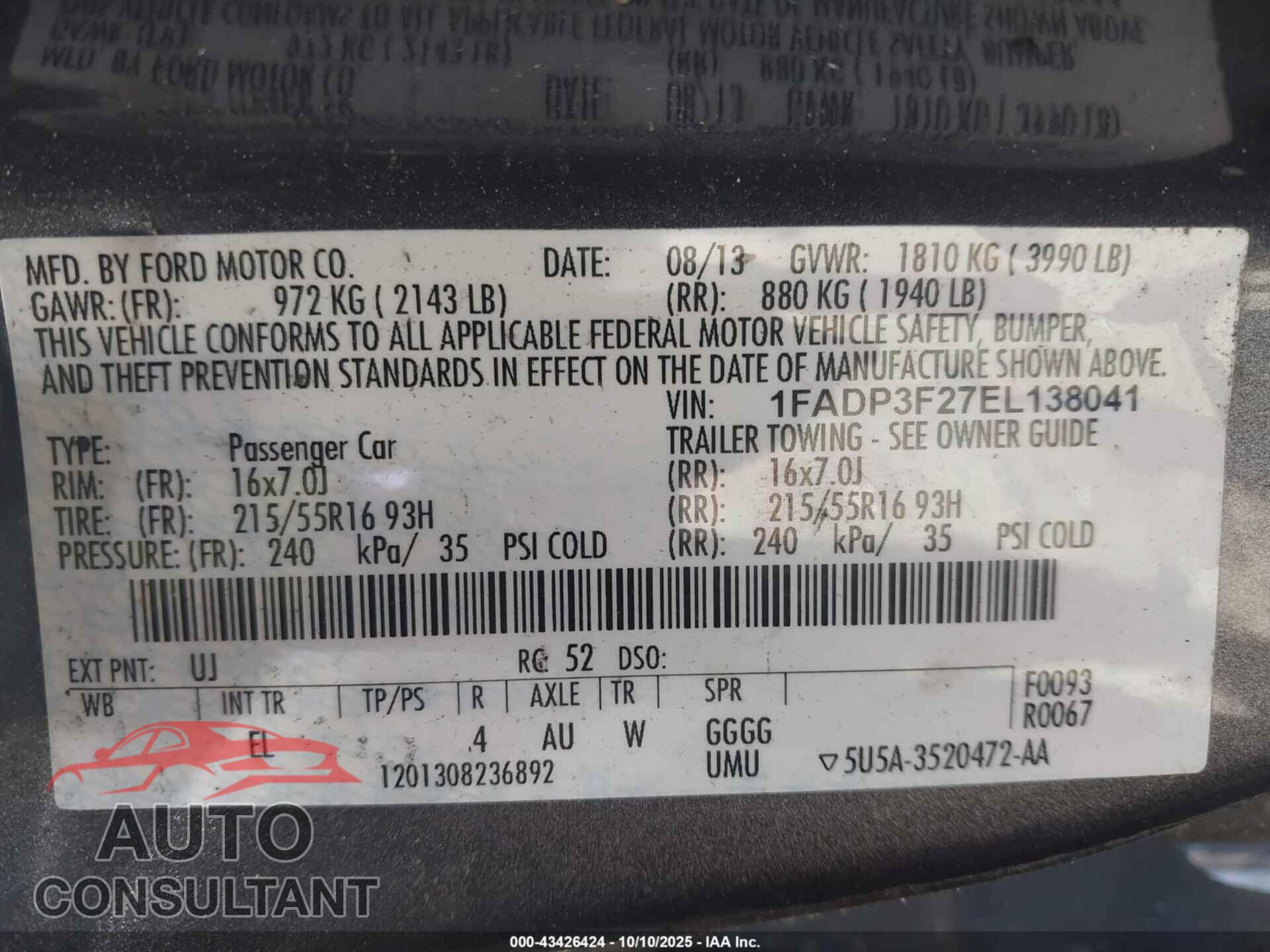 FORD FOCUS 2014 - 1FADP3F27EL138041