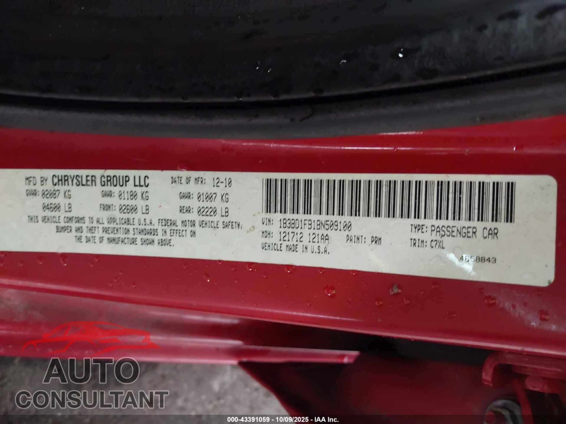DODGE AVENGER 2011 - 1B3BD1FB1BN509100