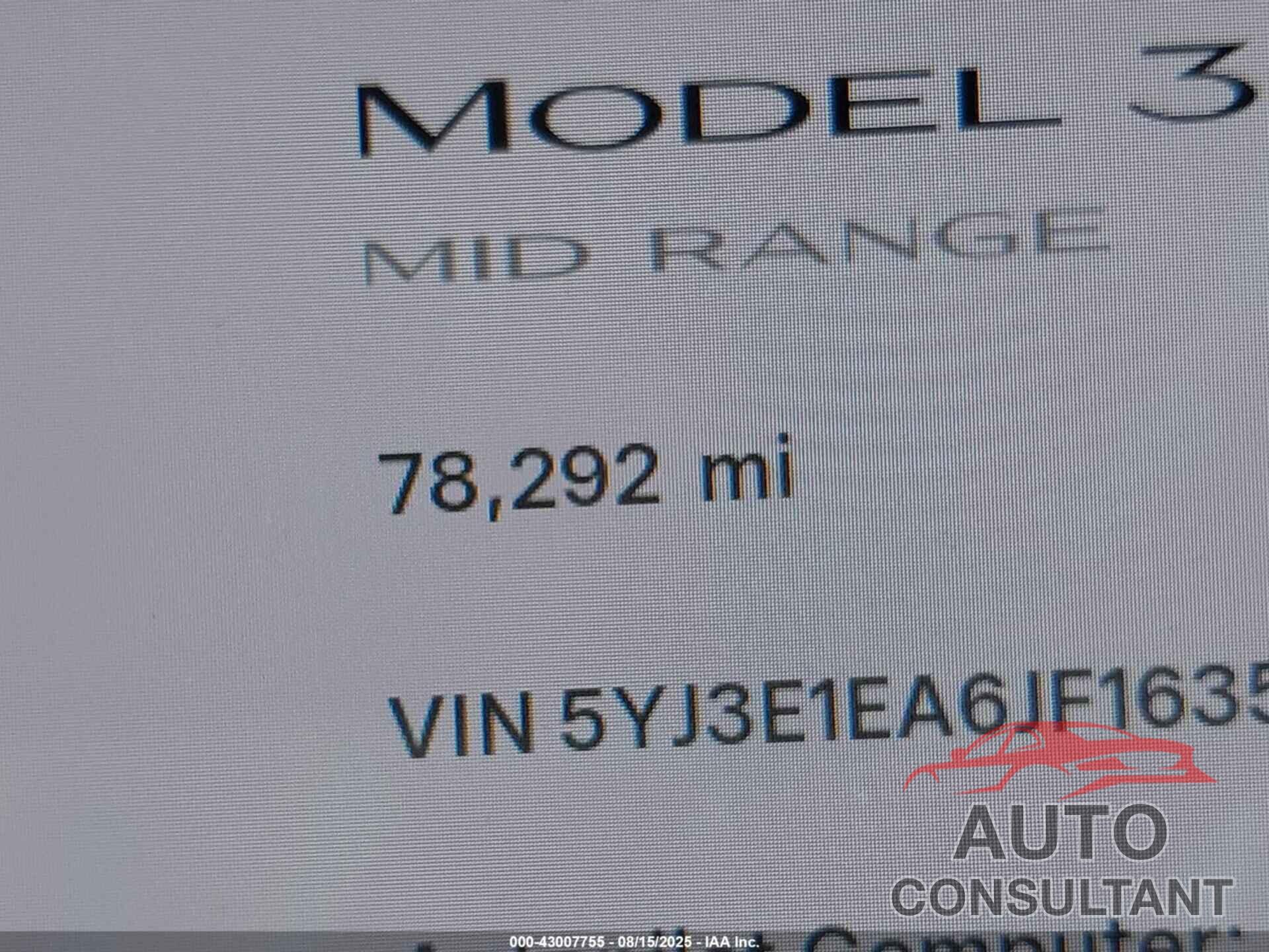 2018 TESLA MODEL 3 LONG RANGE/MID RANGE Electric - 5YJ3E1EA6JF163535