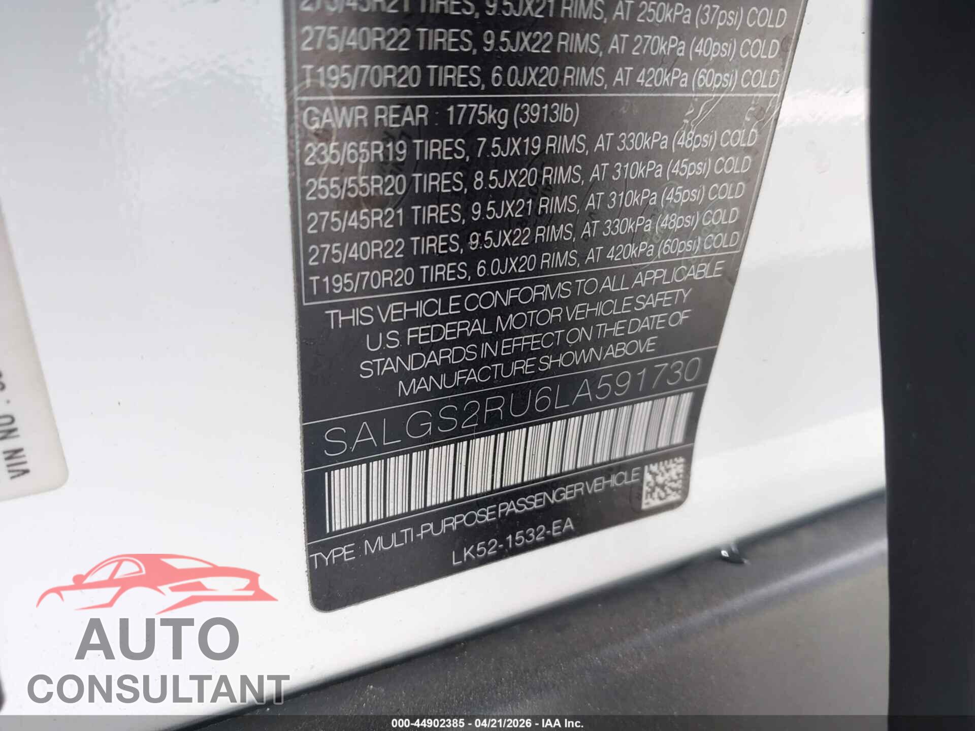 LAND ROVER RANGE ROVER 2020 - SALGS2RU6LA591730