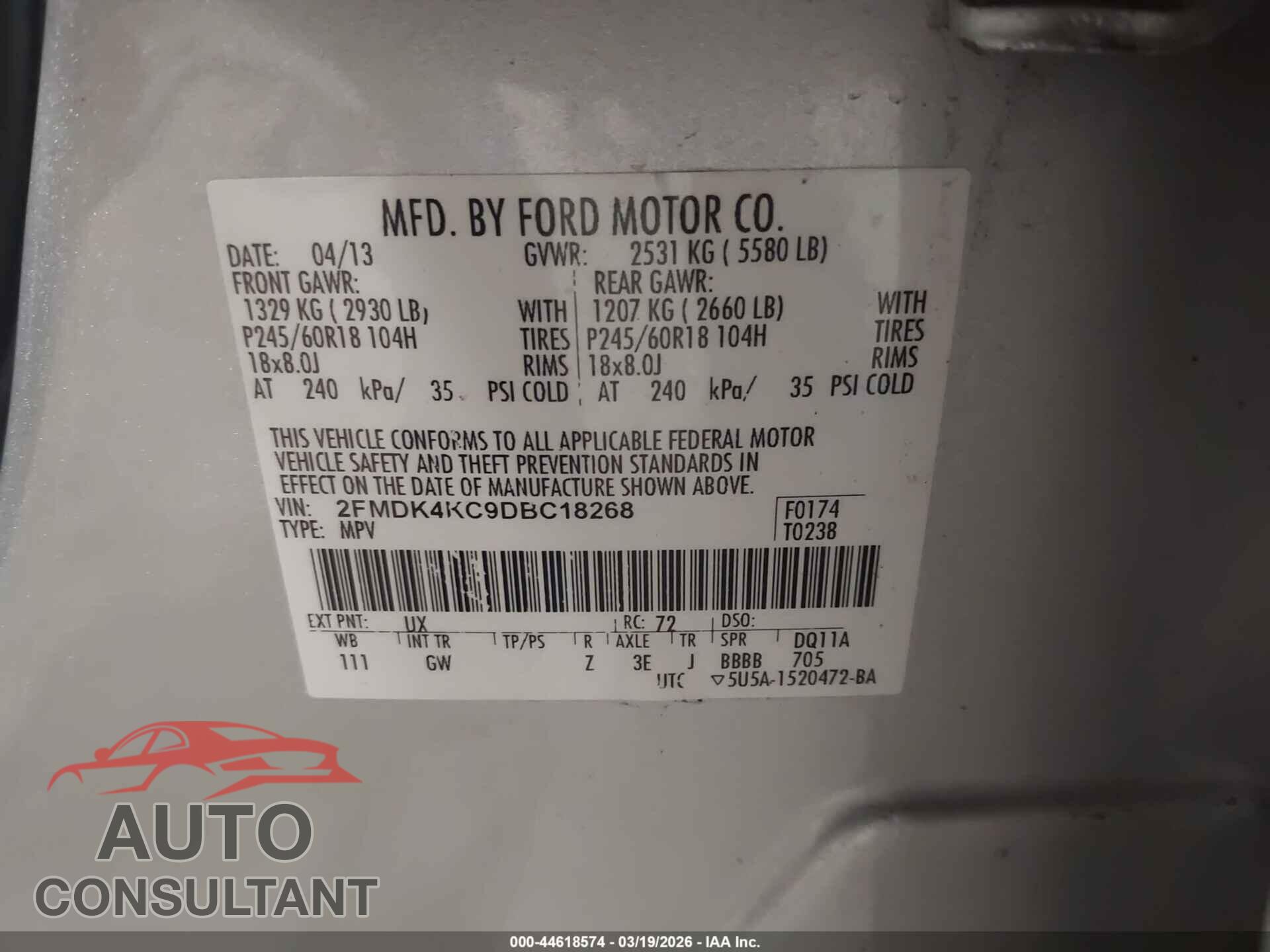 FORD EDGE 2013 - 2FMDK4KC9DBC18268