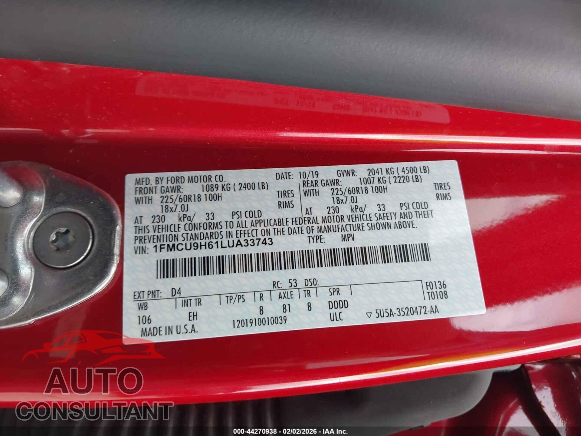 FORD ESCAPE 2020 - 1FMCU9H61LUA33743