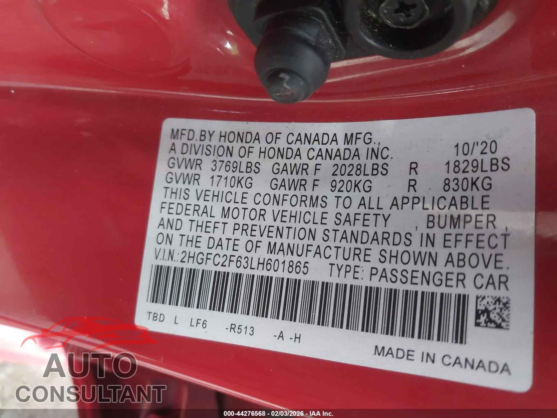 HONDA CIVIC 2020 - 2HGFC2F63LH601865