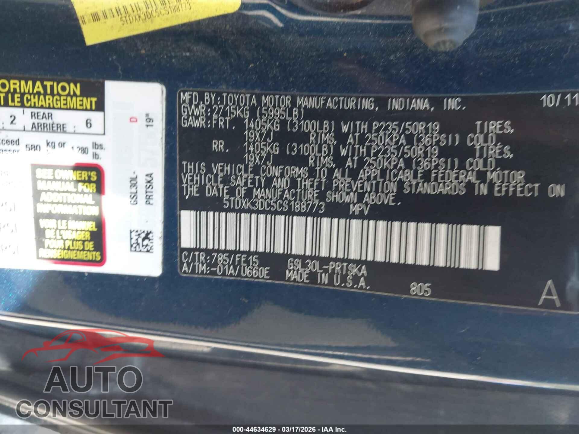 TOYOTA SIENNA 2012 - 5TDXK3DC5CS188773