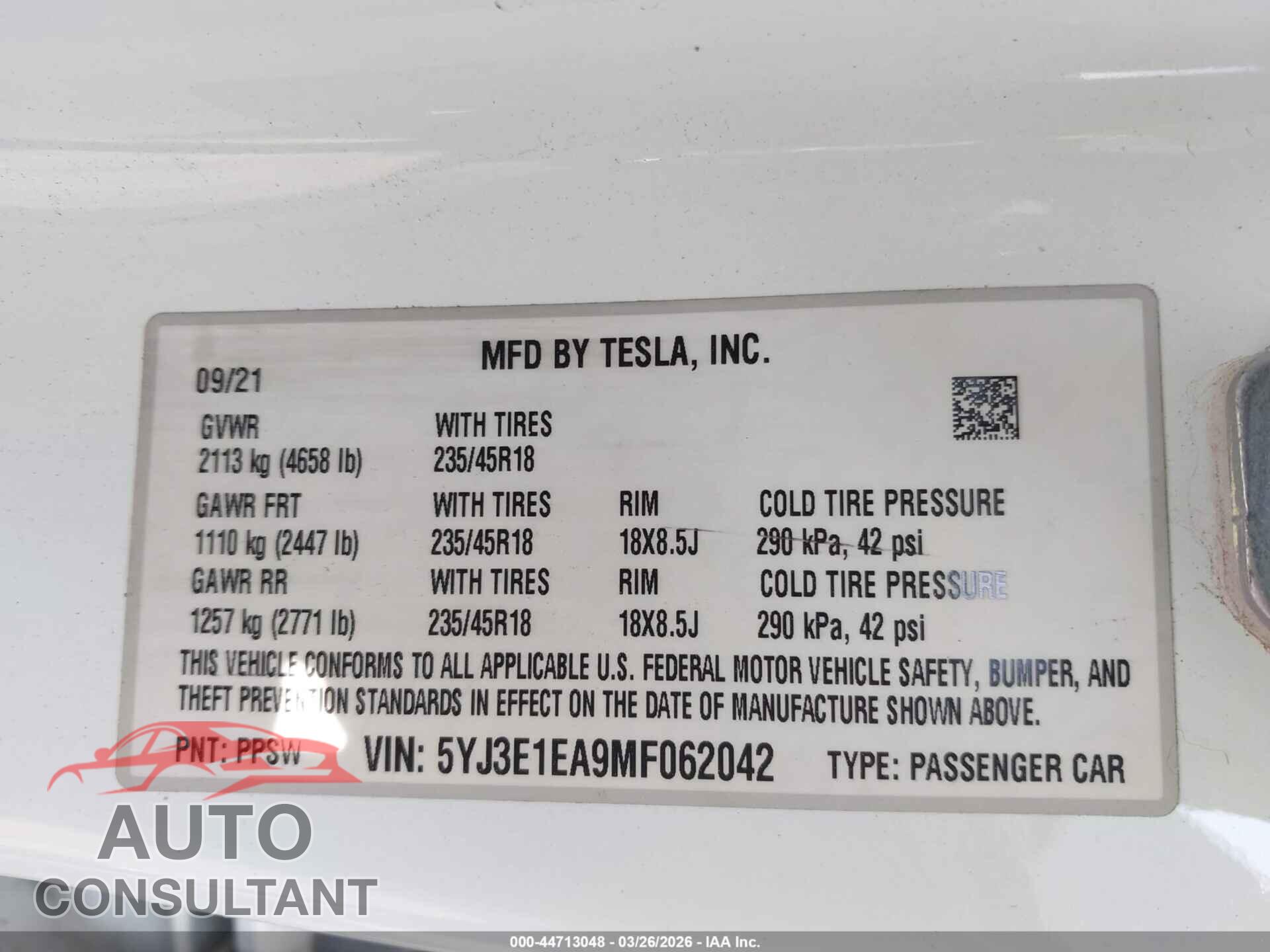TESLA MODEL 3 2021 - 5YJ3E1EA9MF062042
