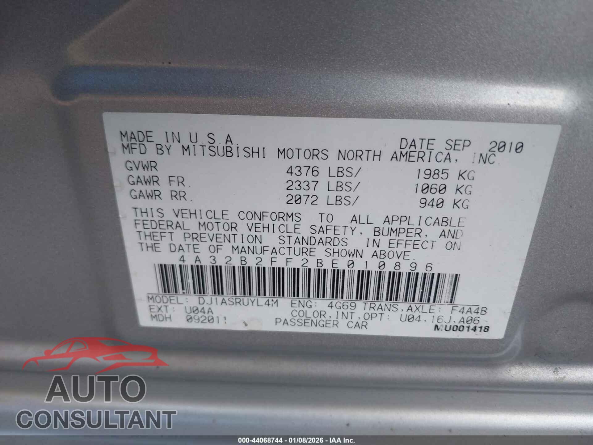 MITSUBISHI GALANT 2011 - 4A32B2FF2BE010896