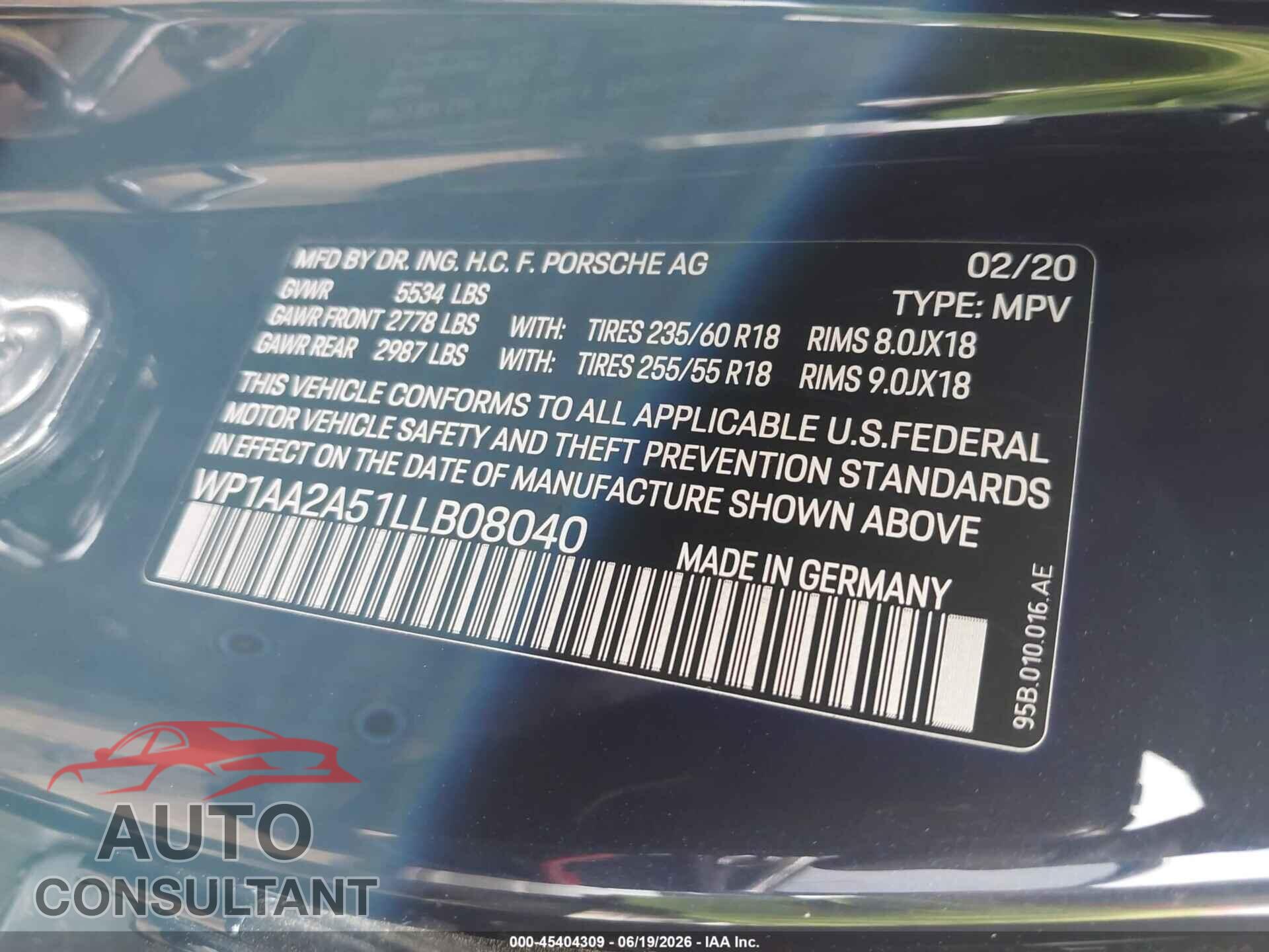 PORSCHE MACAN 2020 - WP1AA2A51LLB08040