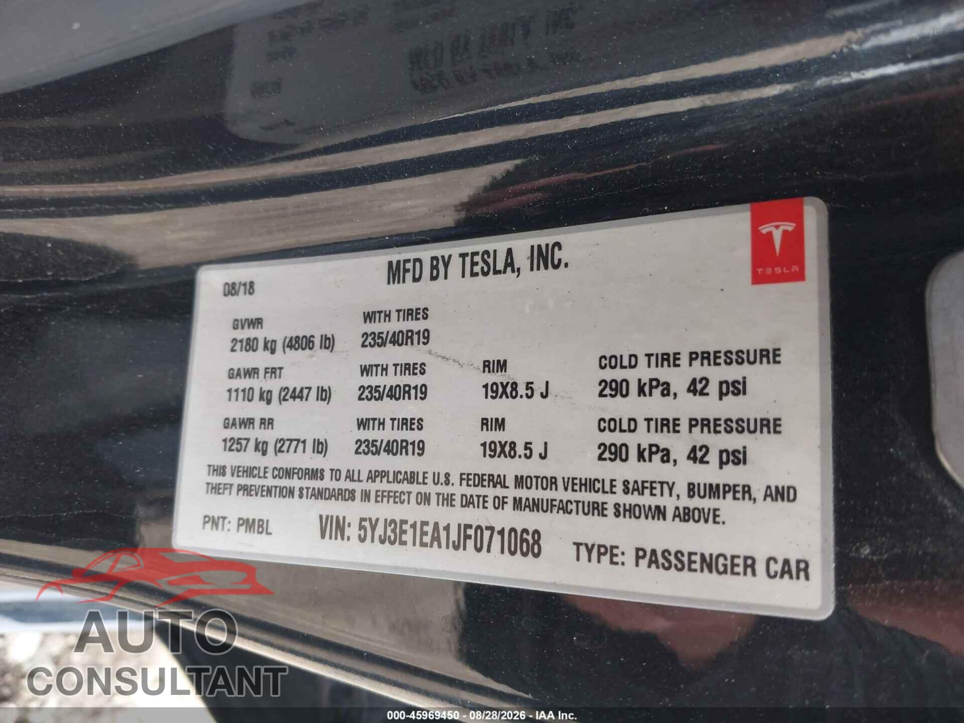 TESLA MODEL 3 2018 - 5YJ3E1EA1JF071068