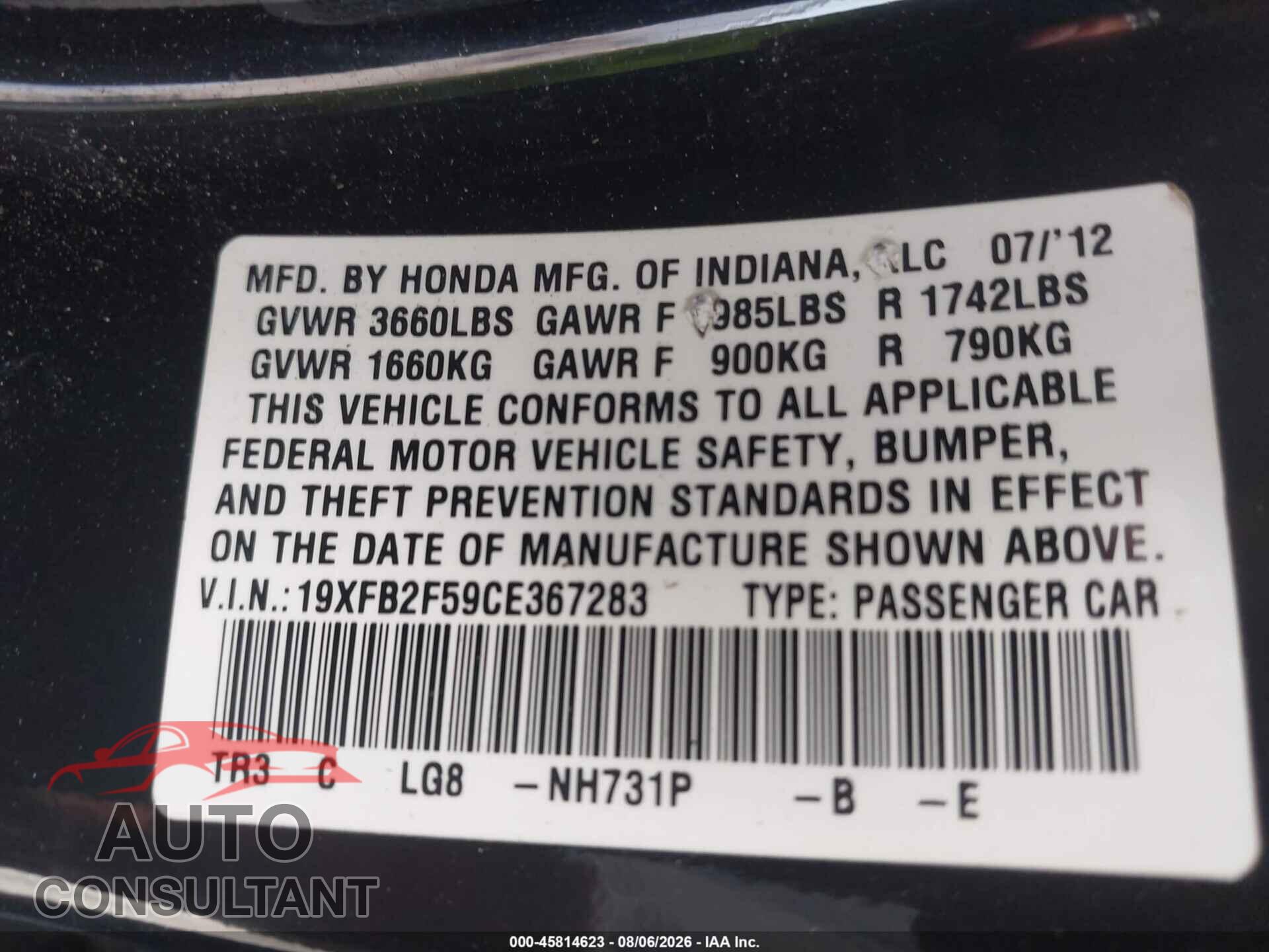 HONDA CIVIC 2012 - 19XFB2F59CE367283