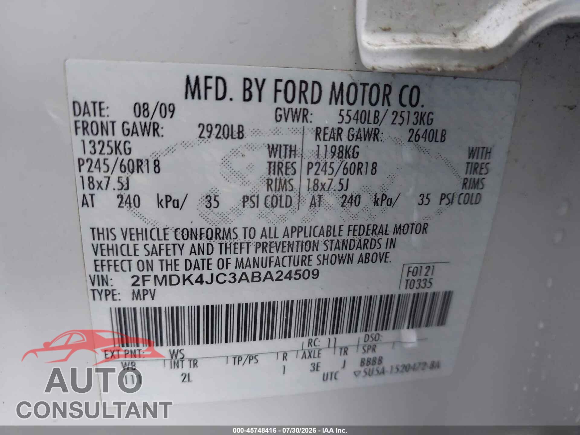 FORD EDGE 2010 - 2FMDK4JC3ABA24509