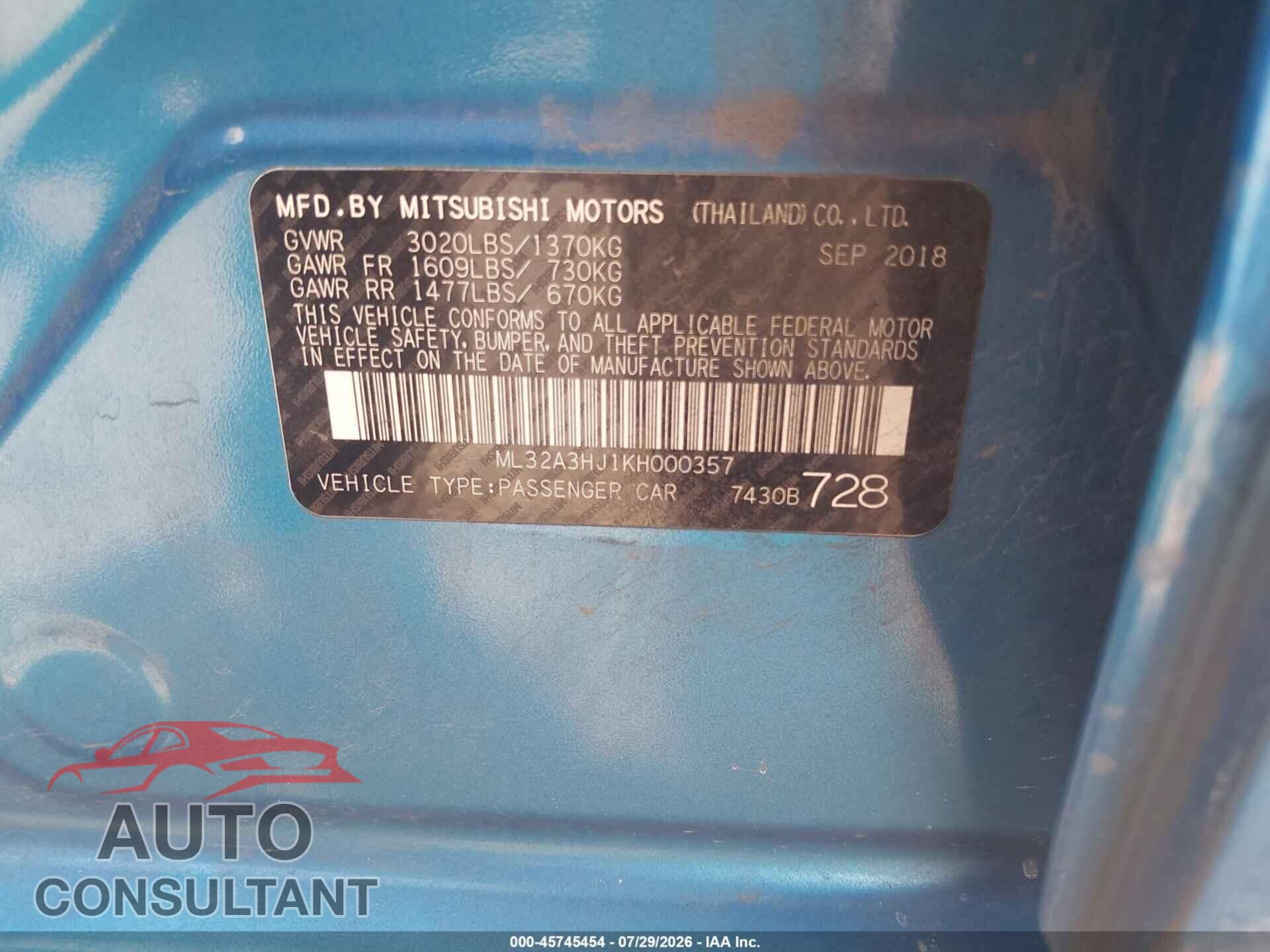 MITSUBISHI MIRAGE 2019 - ML32A3HJ1KH000357