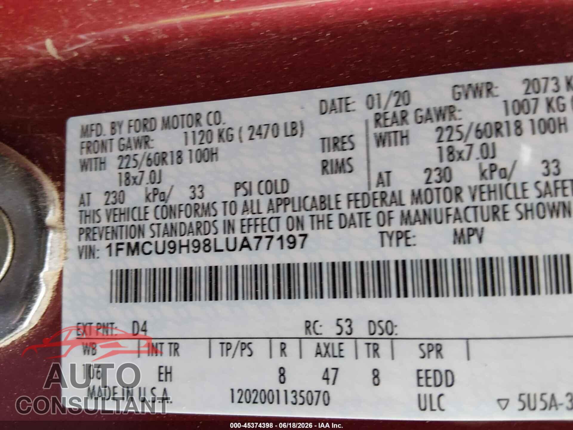 FORD ESCAPE 2020 - 1FMCU9H98LUA77197