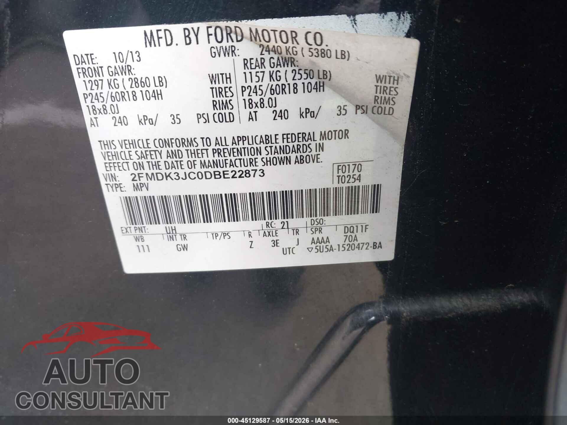 FORD EDGE 2013 - 2FMDK3JC0DBE22873