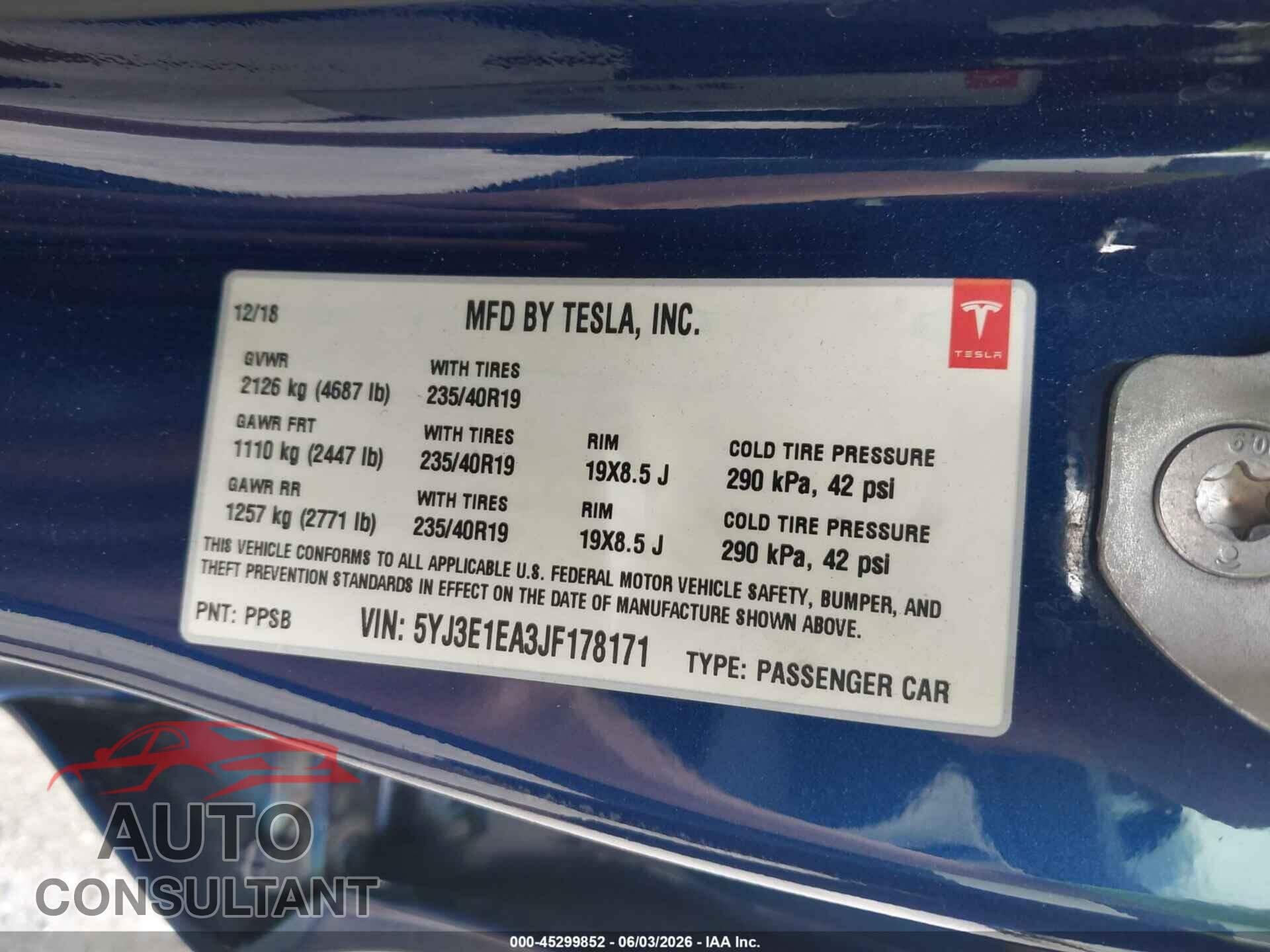 TESLA MODEL 3 2018 - 5YJ3E1EA3JF178171