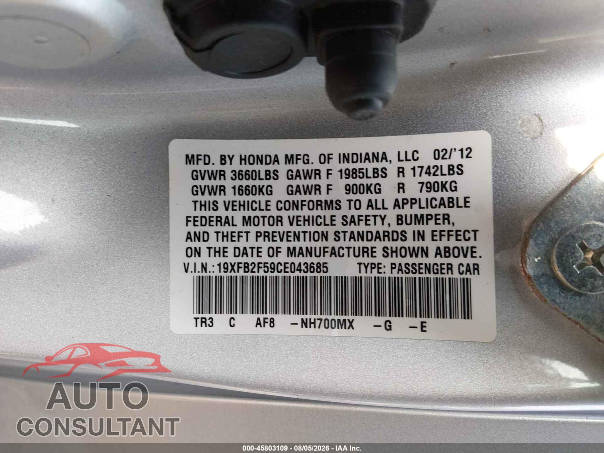 HONDA CIVIC 2012 - 19XFB2F59CE043685