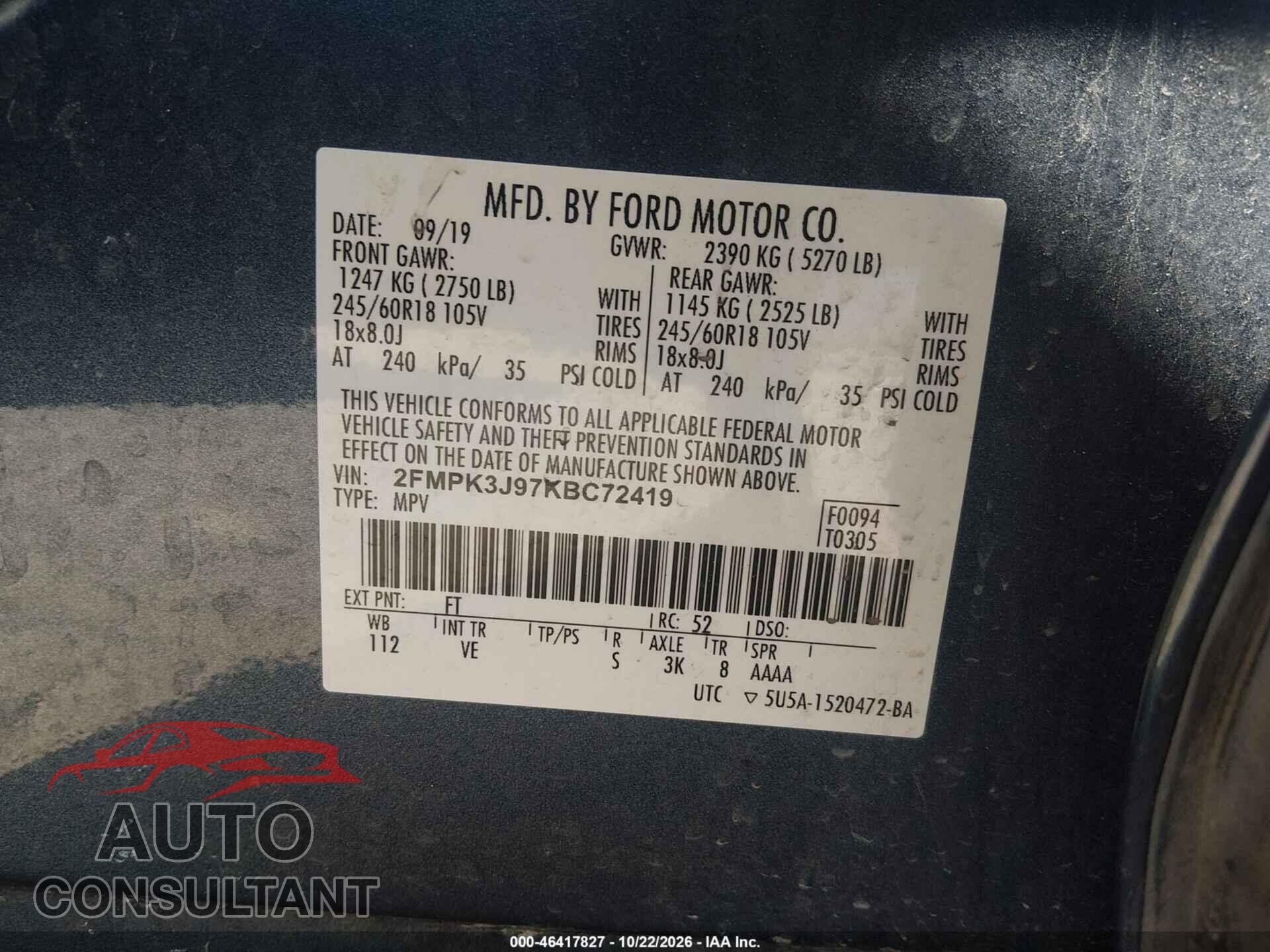 FORD EDGE 2019 - 2FMPK3J97KBC72419