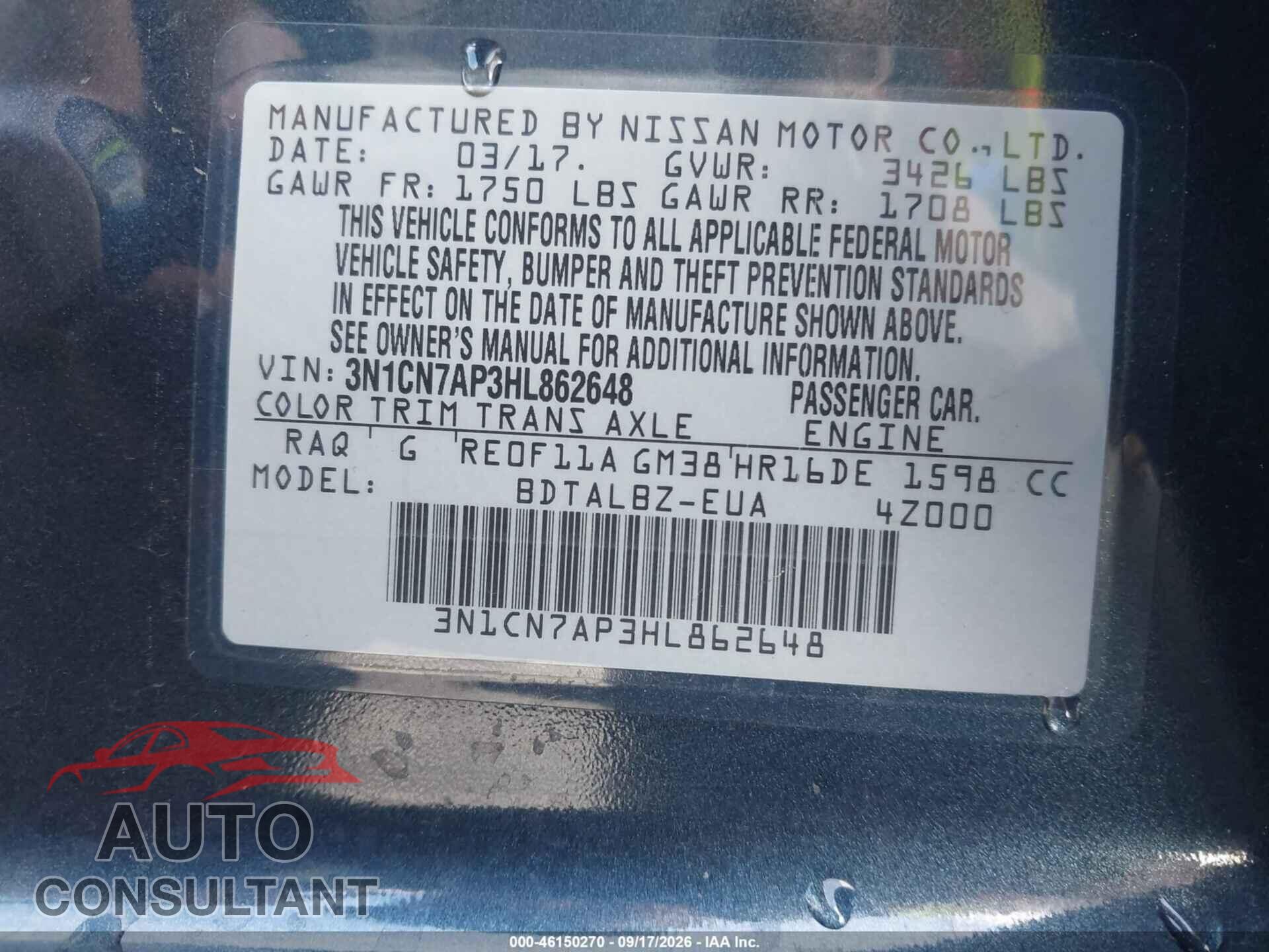 NISSAN VERSA 2017 - 3N1CN7AP3HL862648
