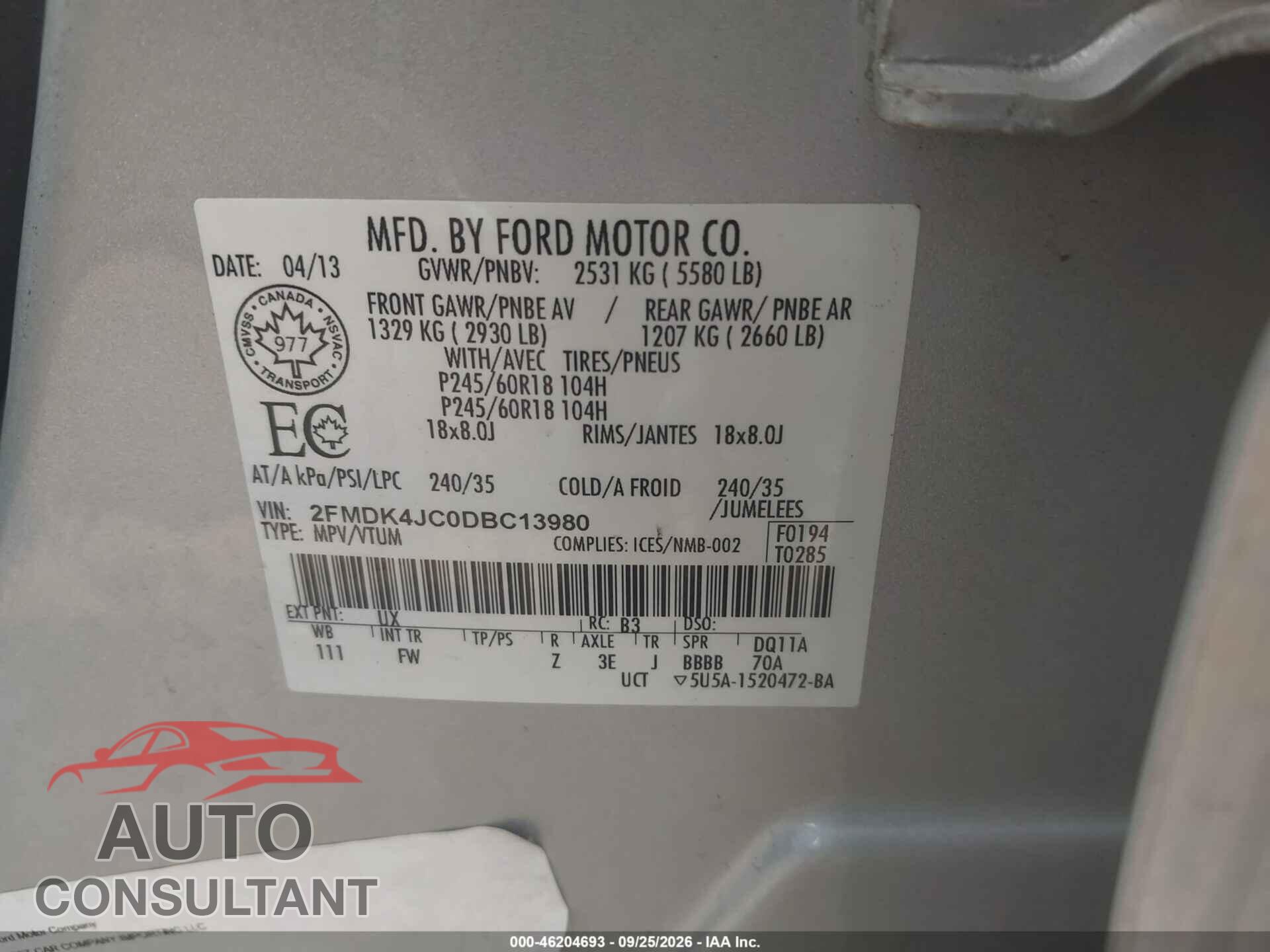 FORD EDGE 2013 - 2FMDK4JC0DBC13980