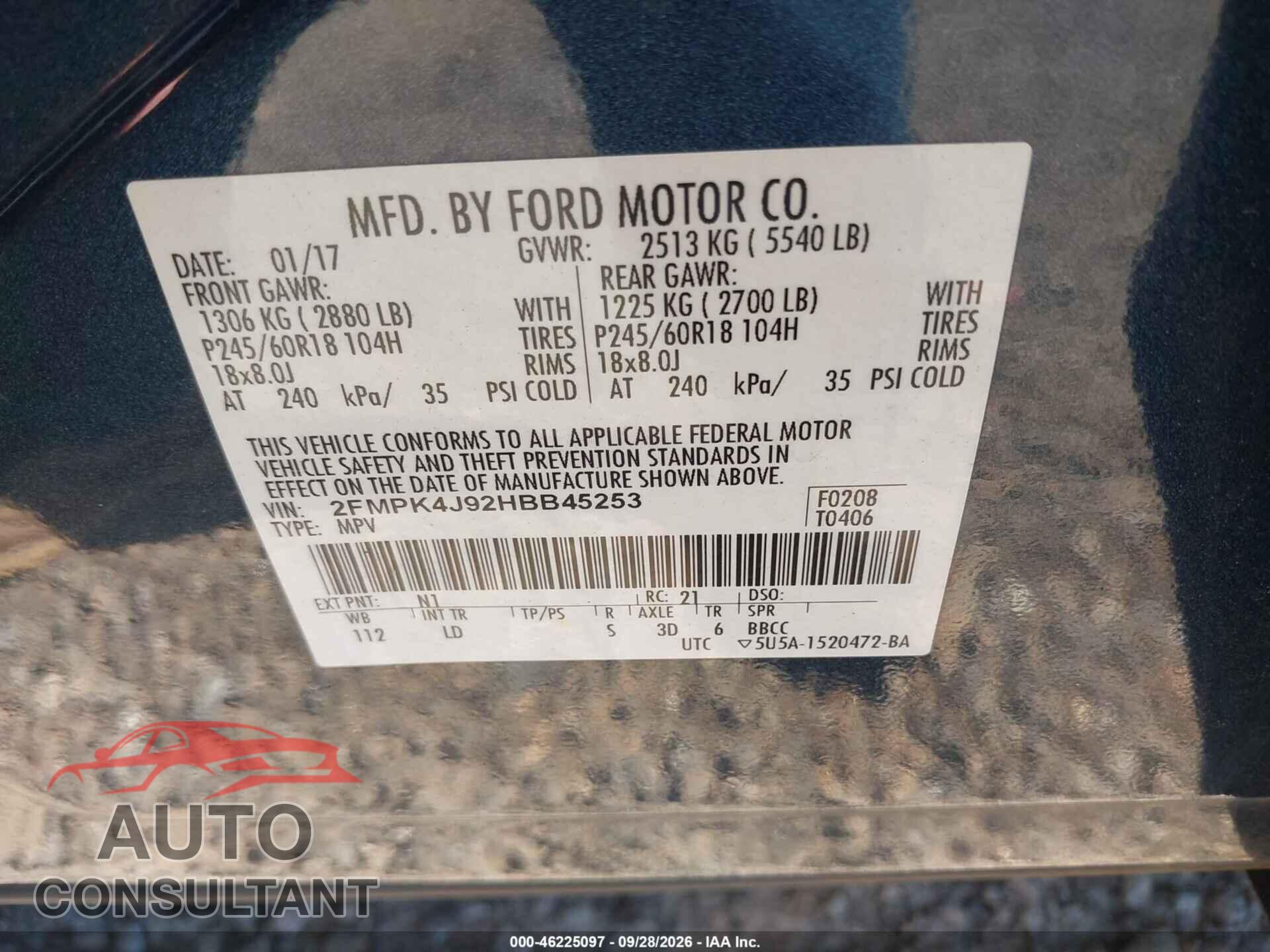 FORD EDGE 2017 - 2FMPK4J92HBB45253