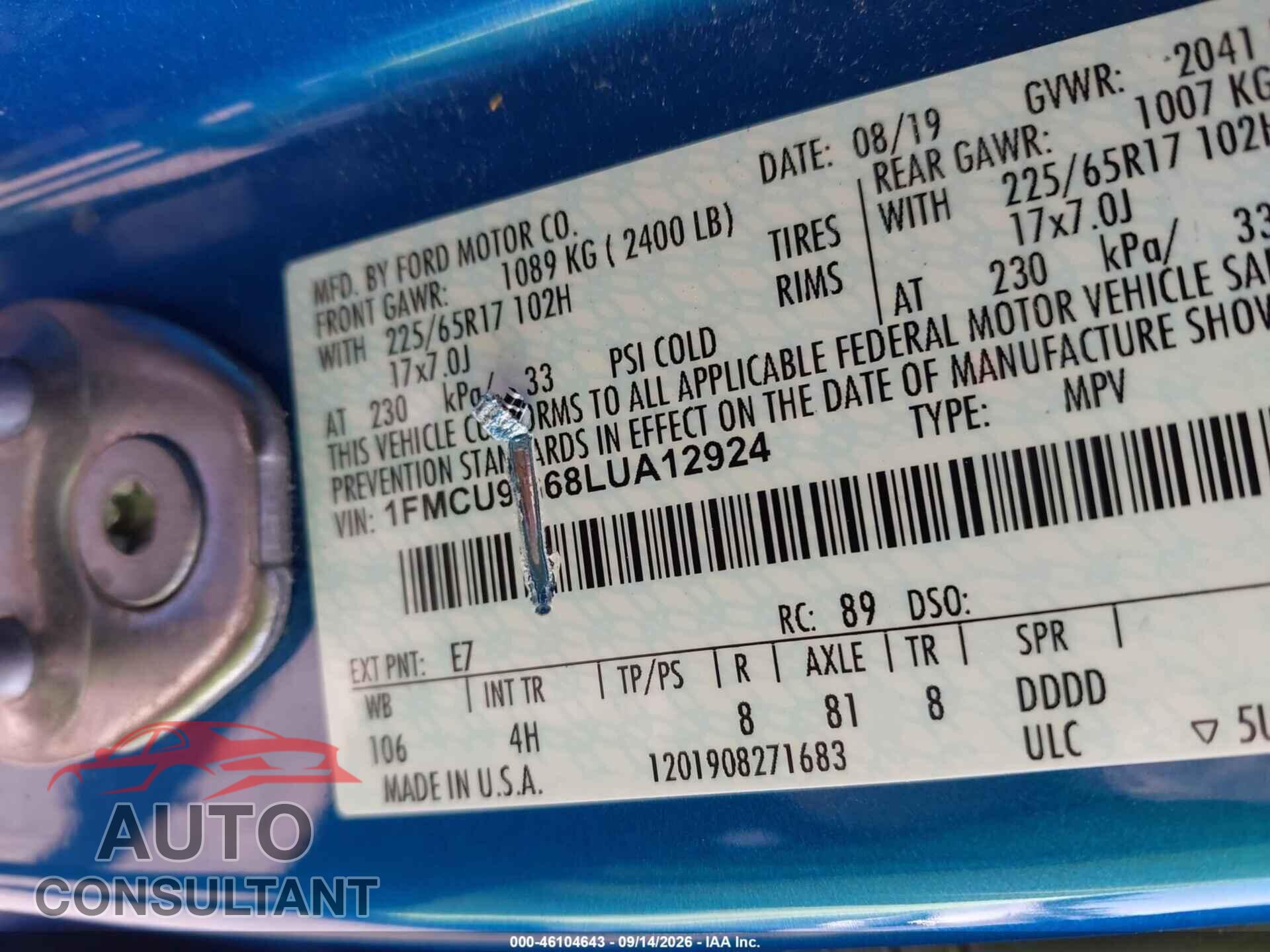 FORD ESCAPE 2020 - 1FMCU9G68LUA12924