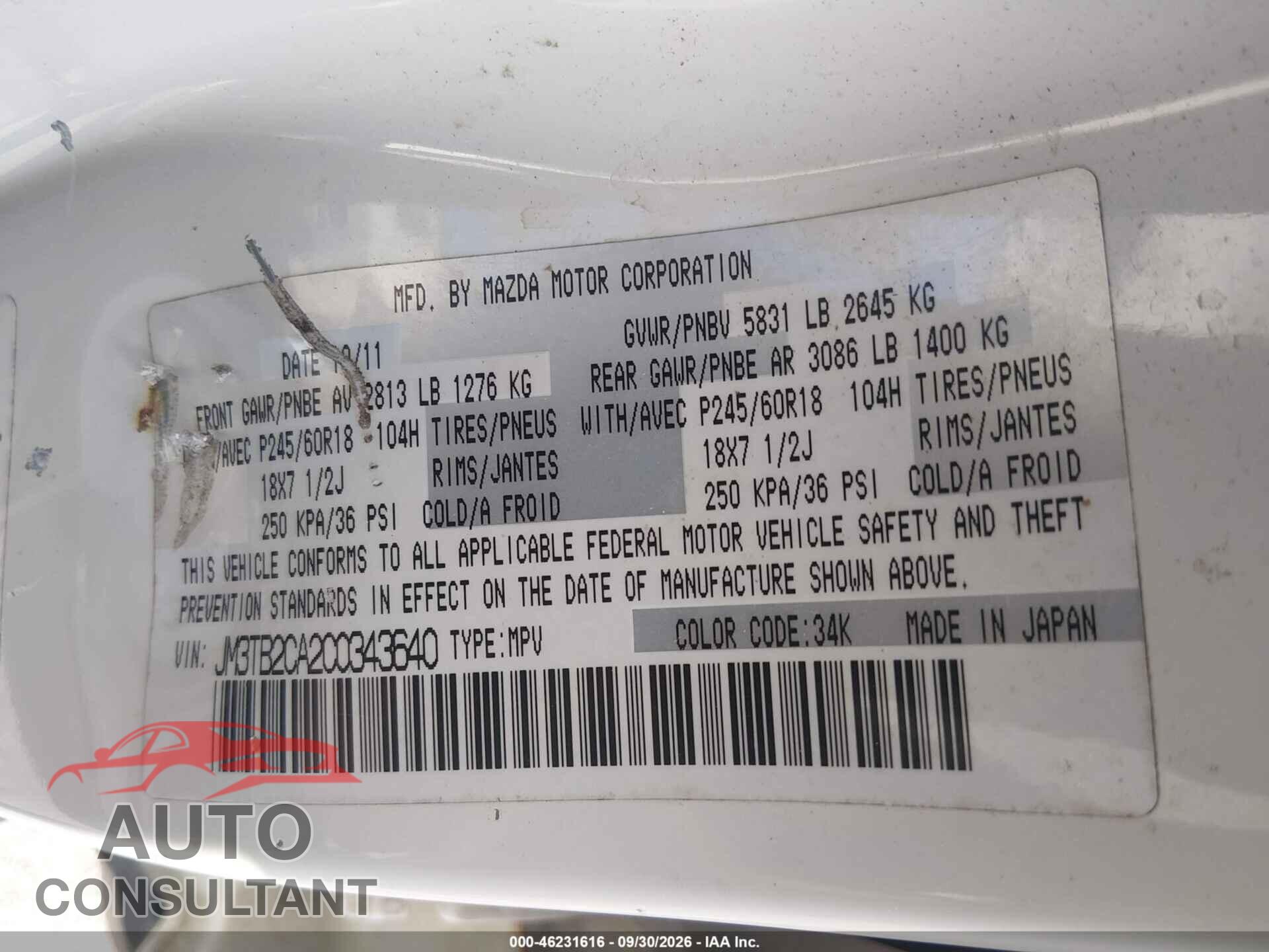 MAZDA CX-9 2012 - JM3TB2CA2C0343640