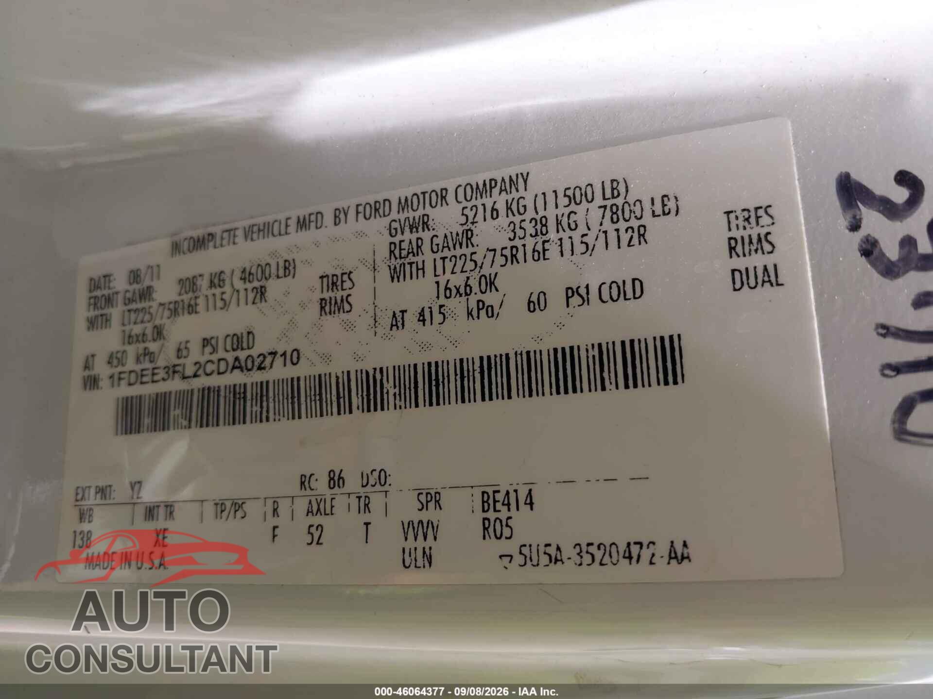 FORD E-350 CUTAWAY 2012 - 1FDEE3FL2CDA02710