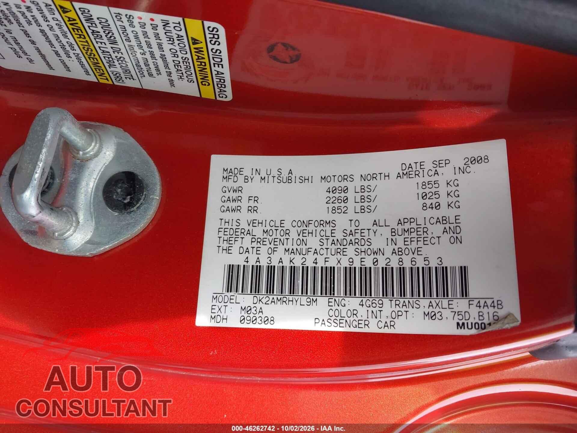 MITSUBISHI ECLIPSE 2009 - 4A3AK24FX9E028653