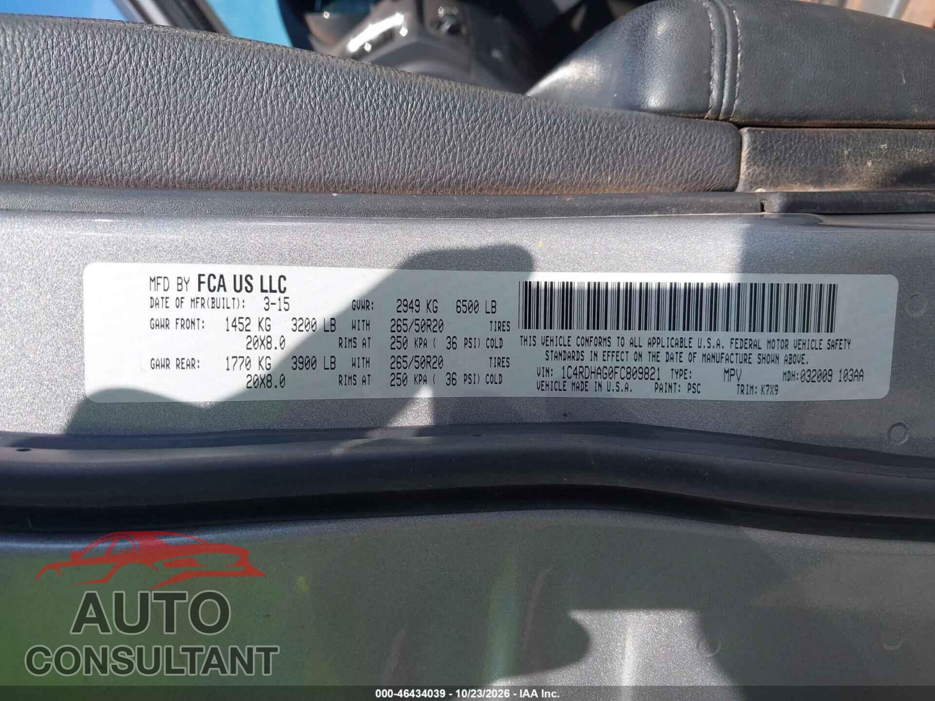 DODGE DURANGO 2015 - 1C4RDHAG0FC809821