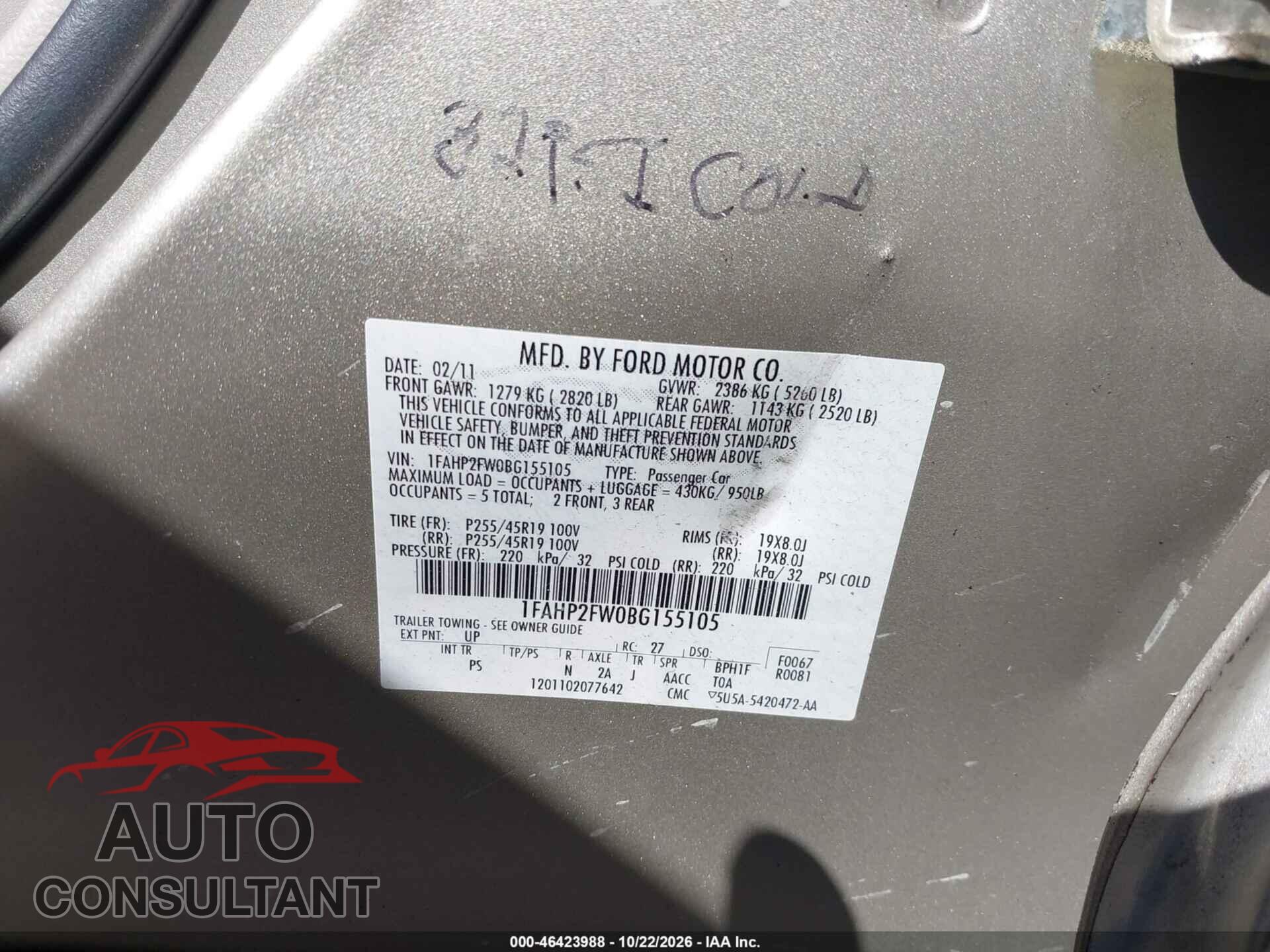 FORD TAURUS 2011 - 1FAHP2FW0BG155105