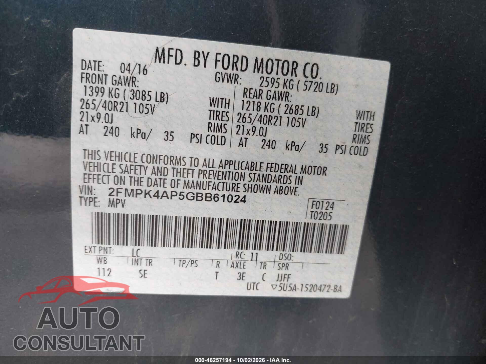 FORD EDGE 2016 - 2FMPK4AP5GBB61024