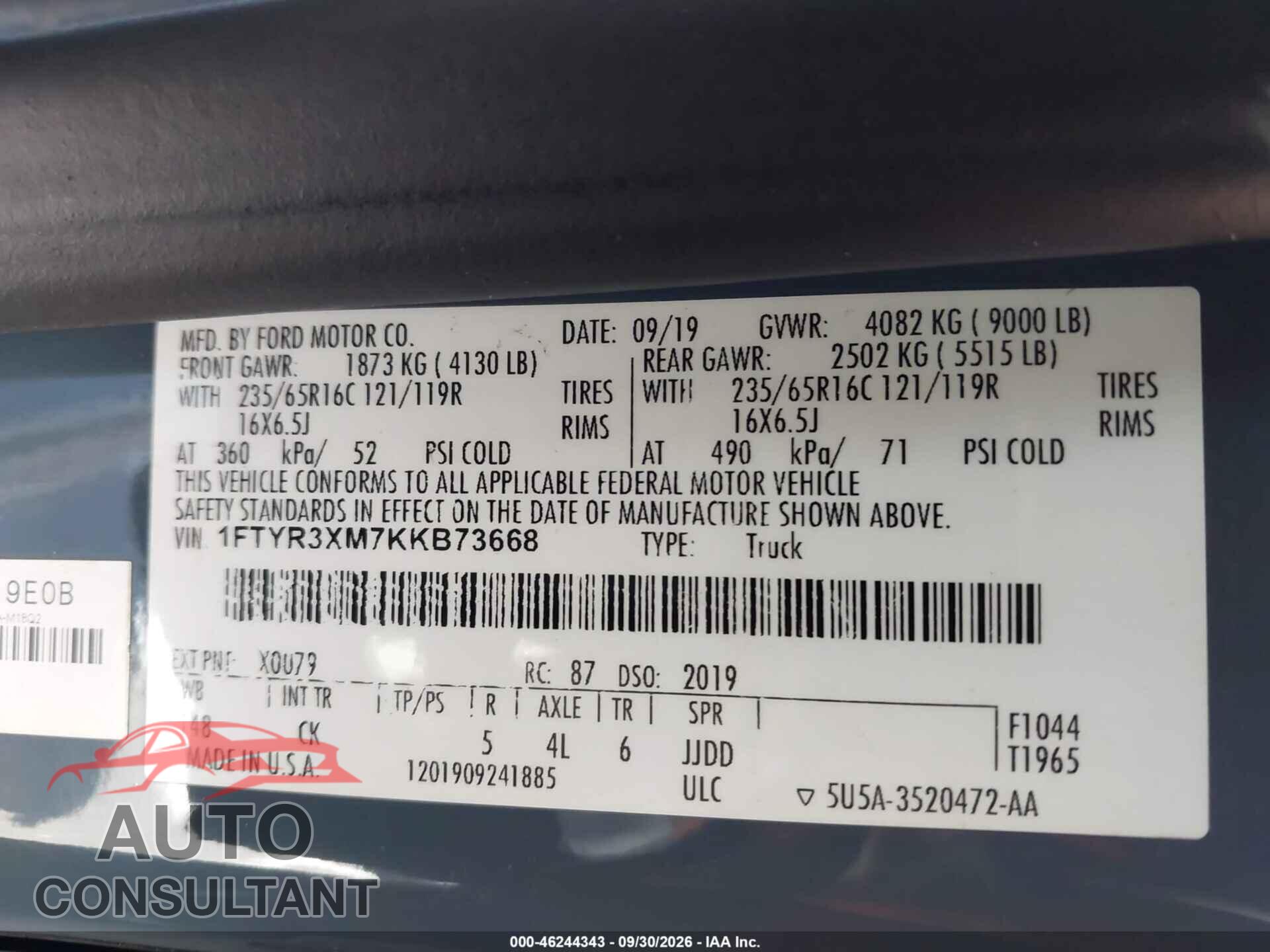 FORD TRANSIT-250 2019 - 1FTYR3XM7KKB73668